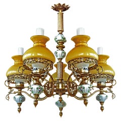 Antique Victorian Chandelier with Porcelain Flowers, Gilt Bronze & Amber Glass Globes