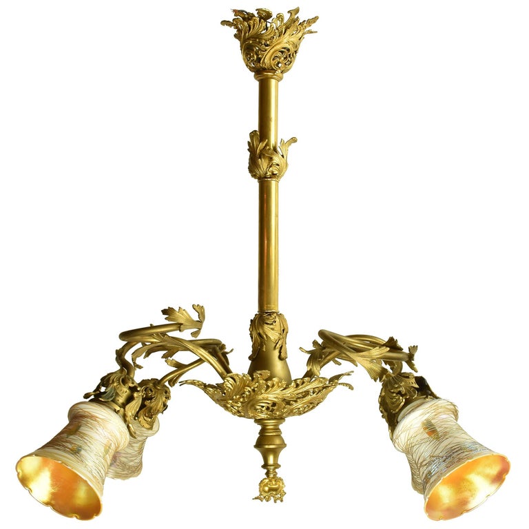 Victorian Chandelier with Quezal Shades at 1stDibs