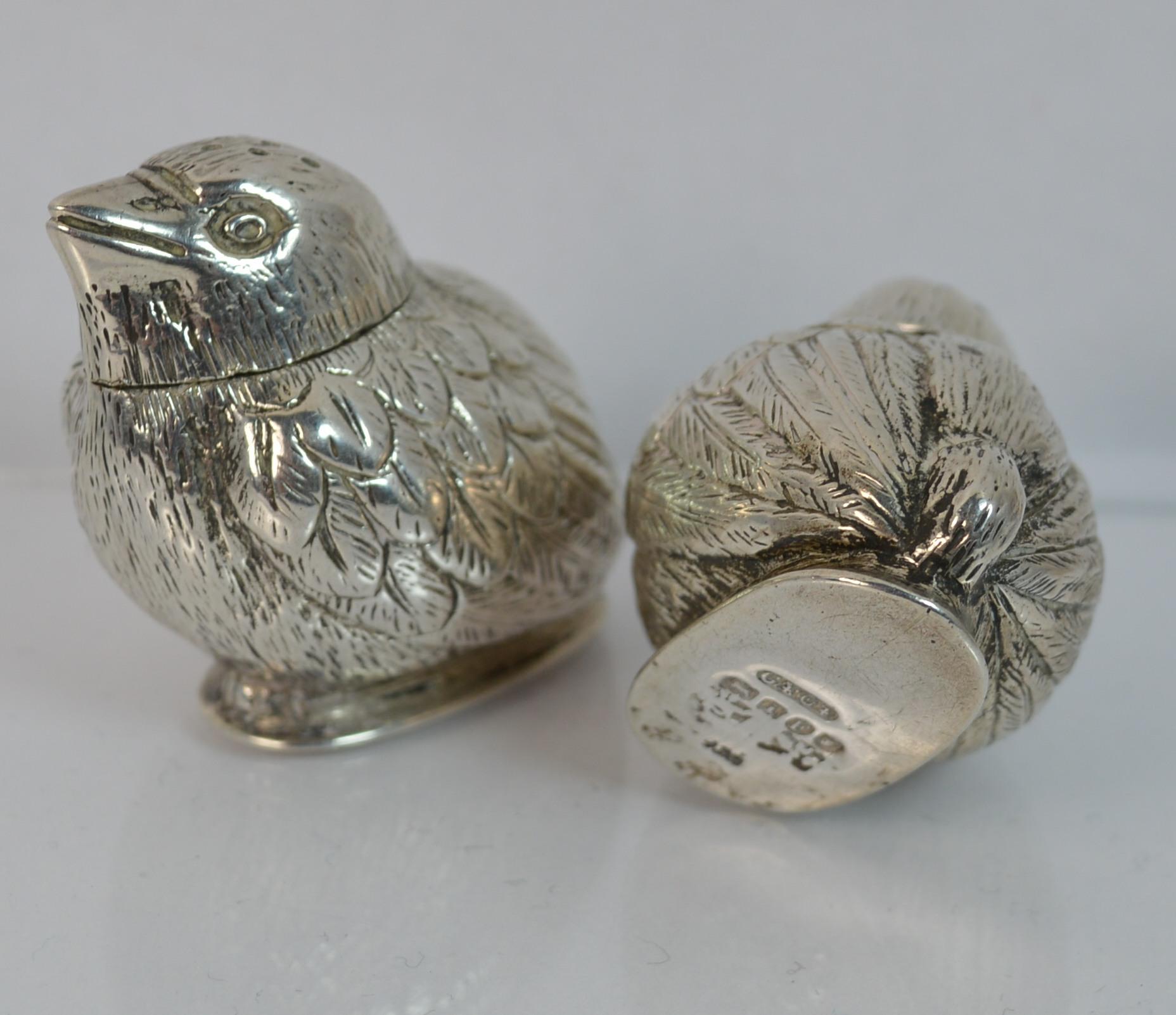 Victorian Charles & George Asprey Solid Silver Pair Bird Salt and Pepper Shakers In Excellent Condition In St Helens, GB