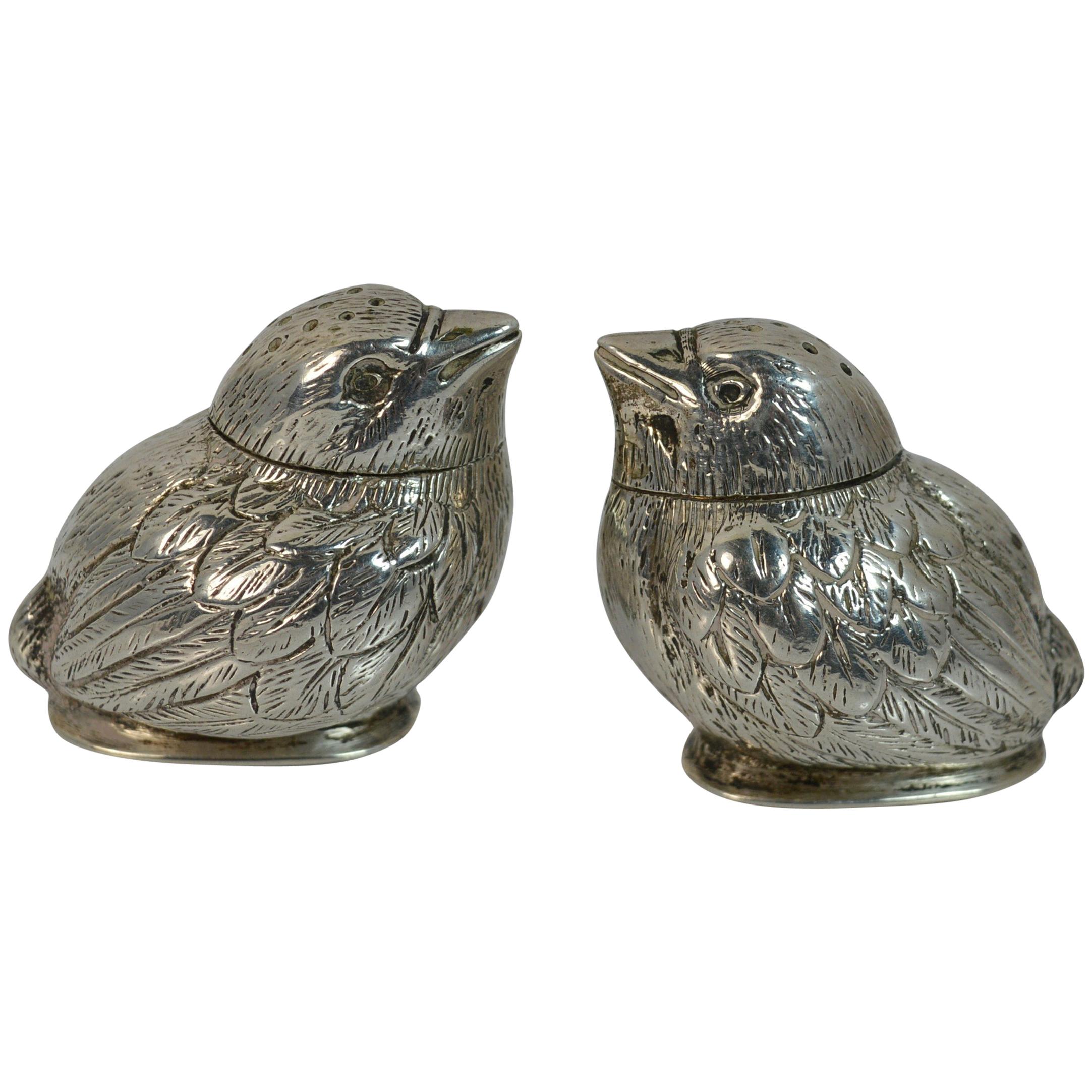 Viktorianische Charles & George Asprey Massivsilber Paar Vogel Salz- und Pfefferstreuer