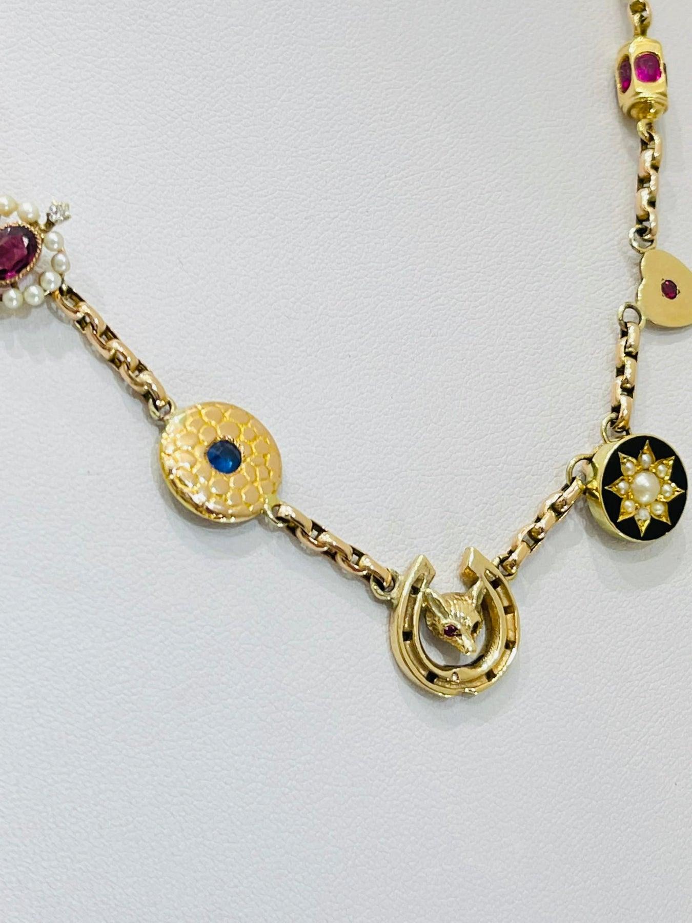 Brilliant Cut Victorian Charm Necklace 15ct Gold With Rubies, Sapphires & Pearls For Sale