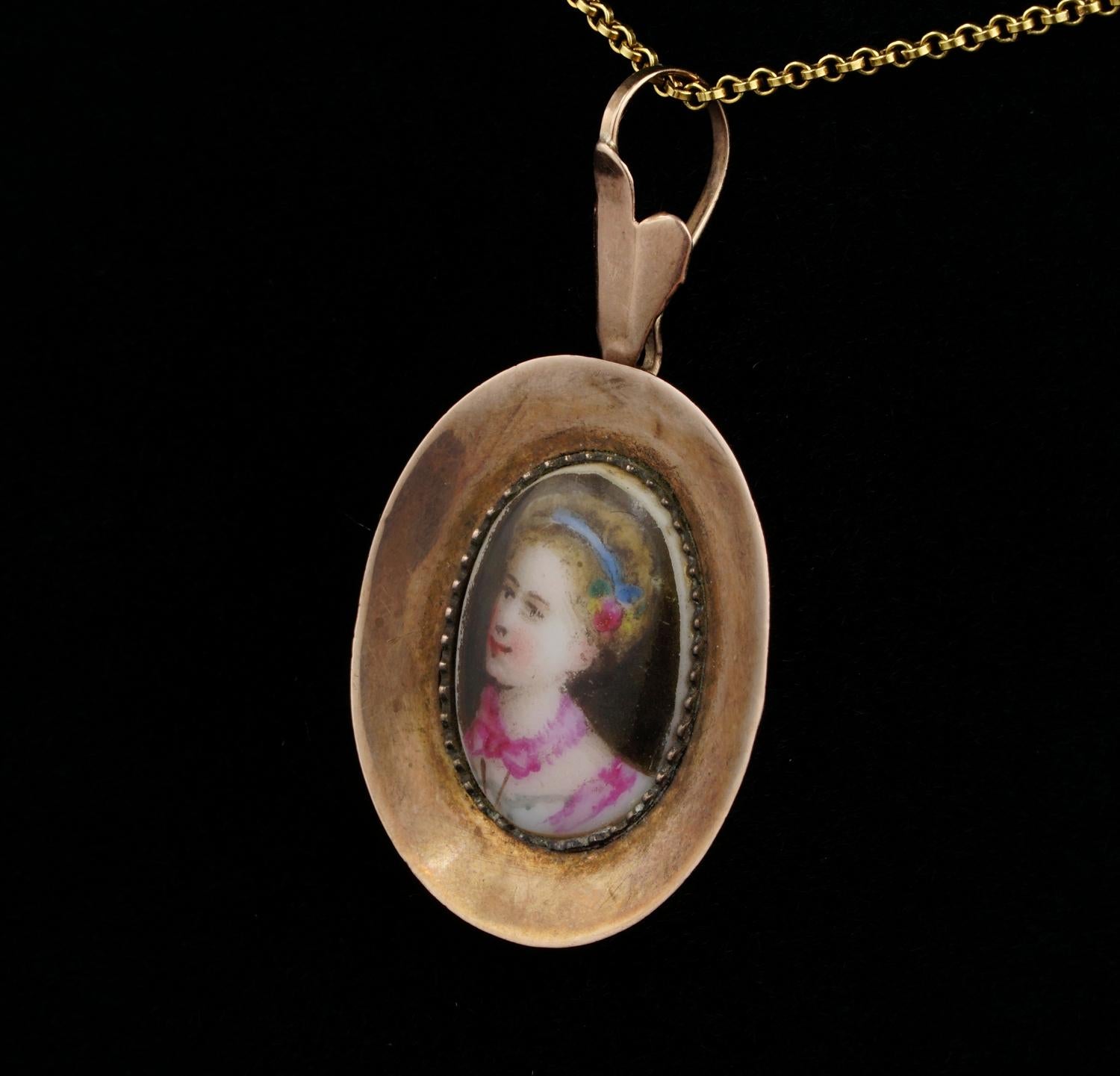 Women's or Men's Victorian Charming Painted Portrait Miniature 14 Karat Rose Gold Pendant For Sale