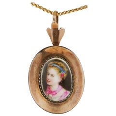 Antique Victorian Charming Painted Portrait Miniature 14 Karat Rose Gold Pendant