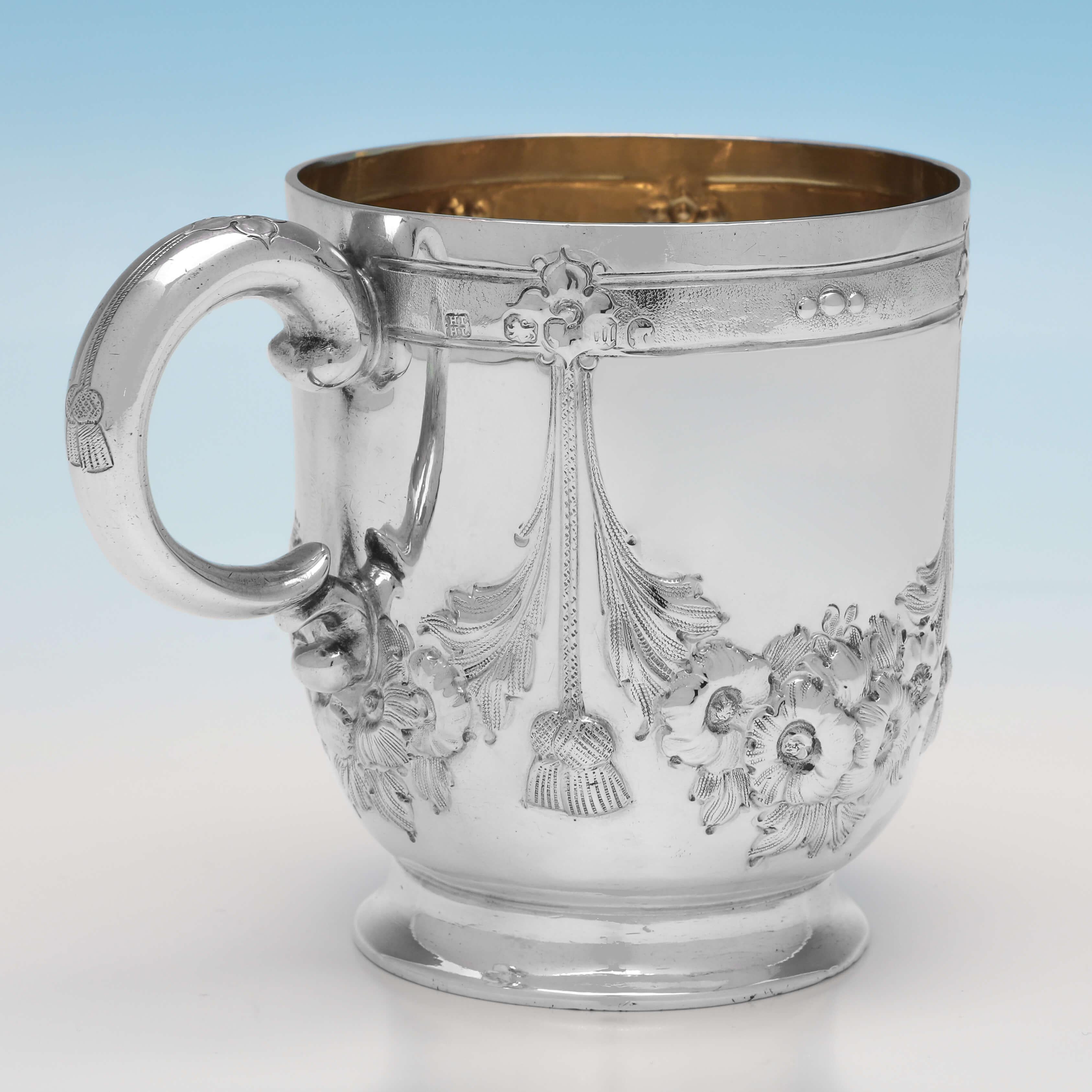 English Victorian Chased Antique Sterling Silver Childs Mug, London 1867 For Sale