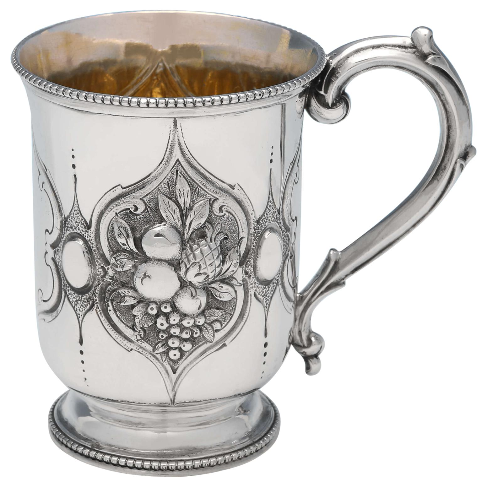 Victorian Chased Sterling Silver Christening Mug by Henry Holland, London, 1866