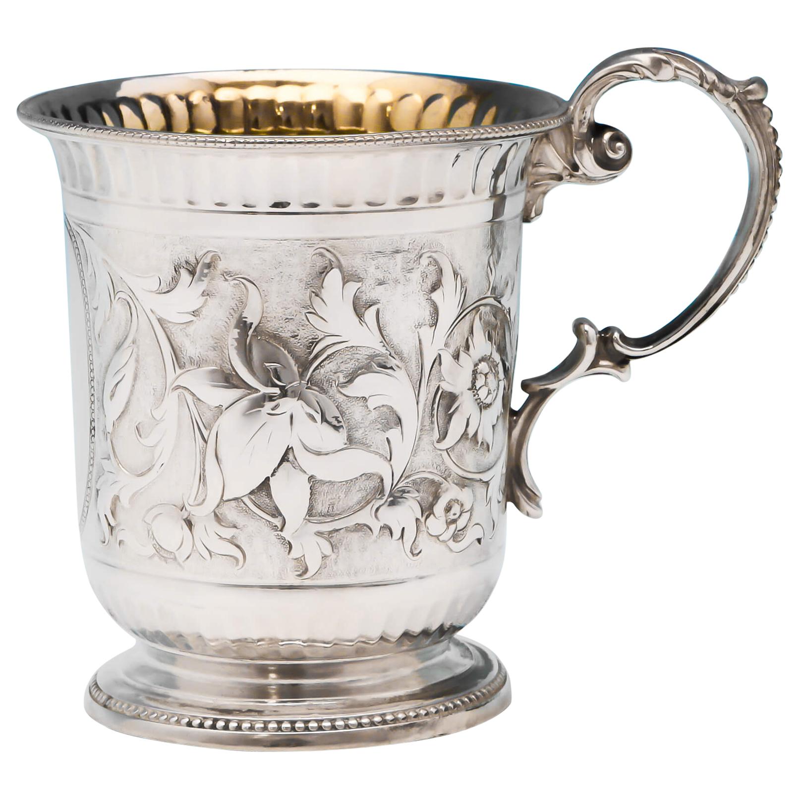 Victorian Chased Sterling Silver Christening Mug from 1867