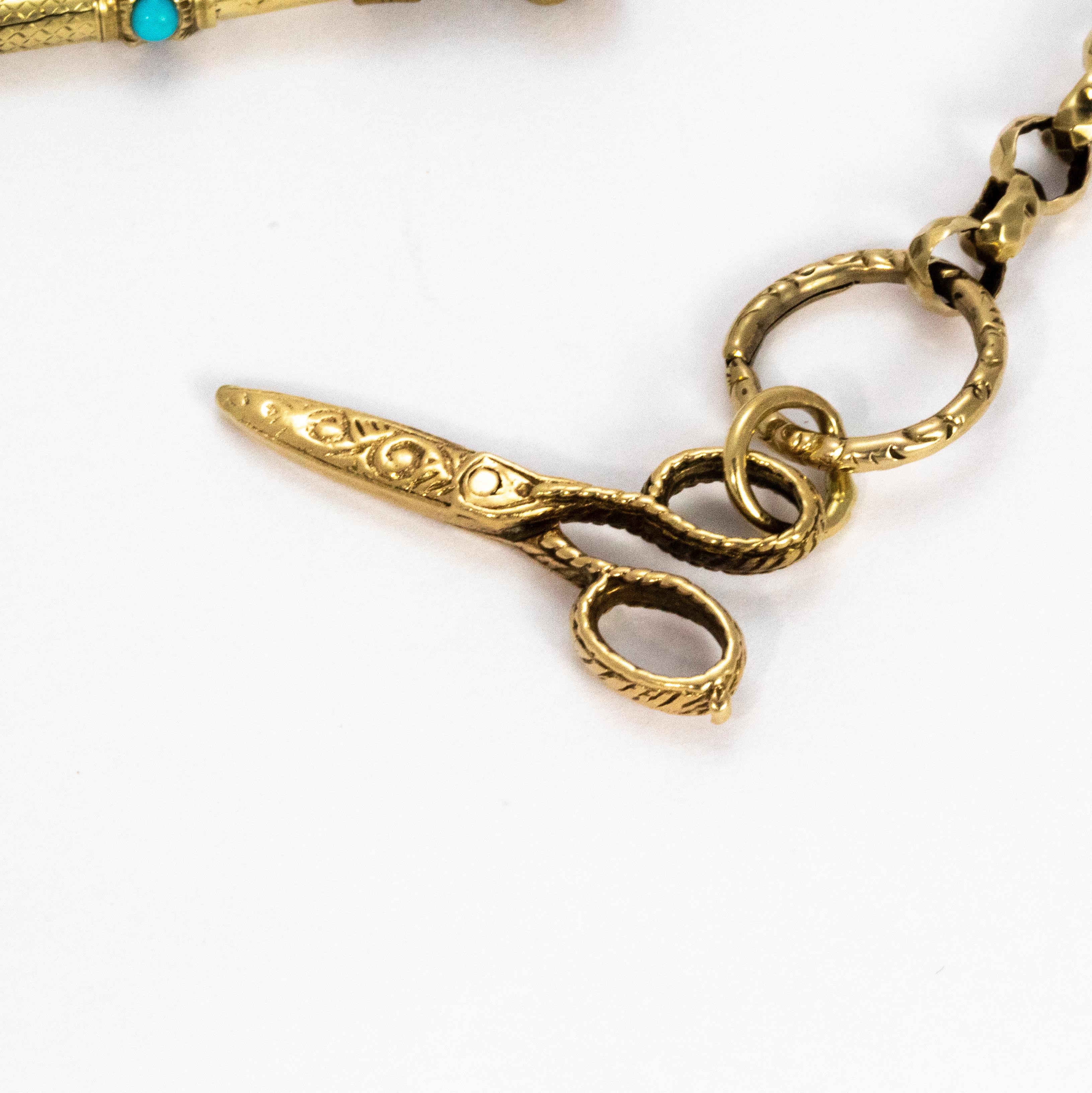 Victorian Chatelaine Chain with Turquoise and 9 Carat Gold In Good Condition In Chipping Campden, GB