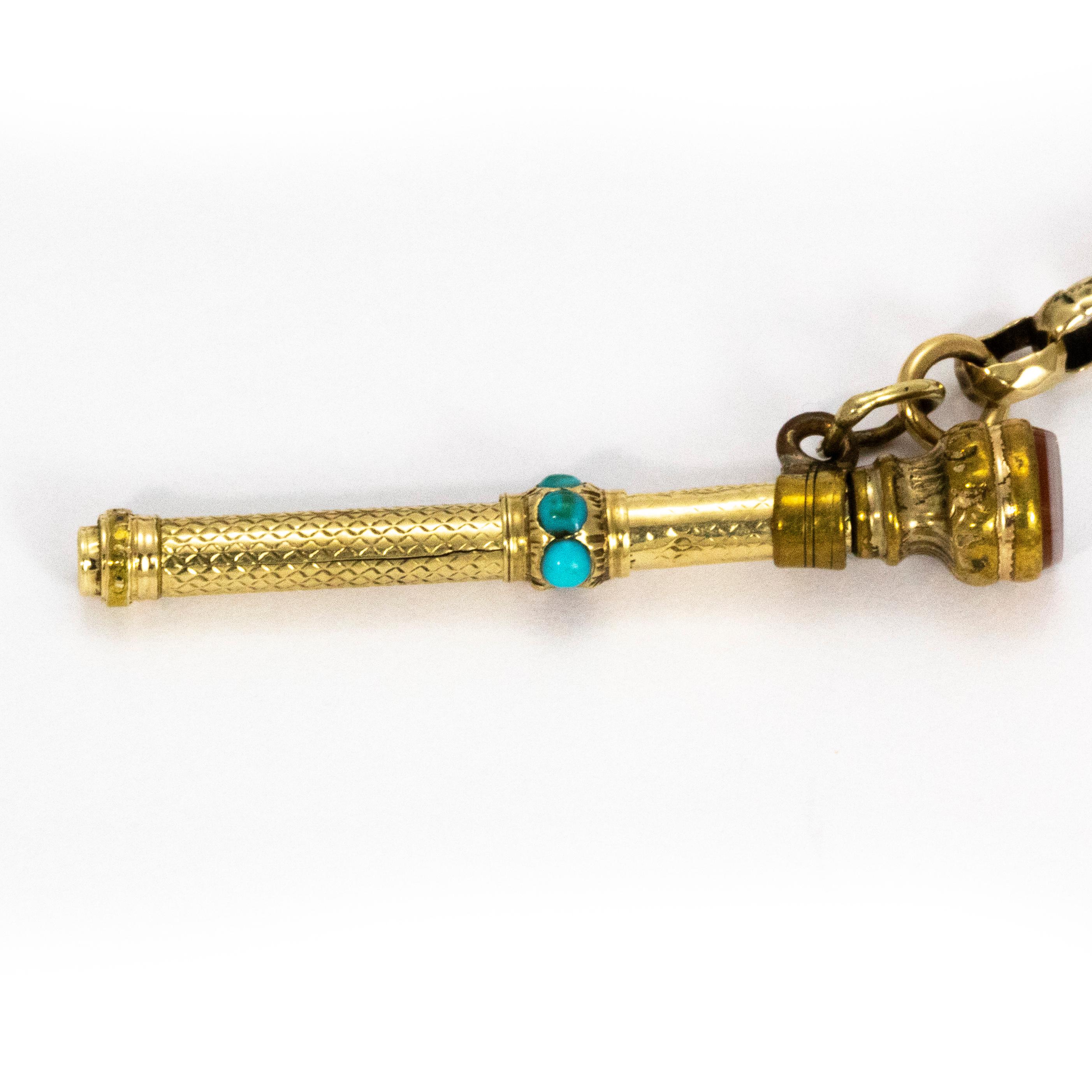 Women's or Men's Victorian Chatelaine Chain with Turquoise and 9 Carat Gold