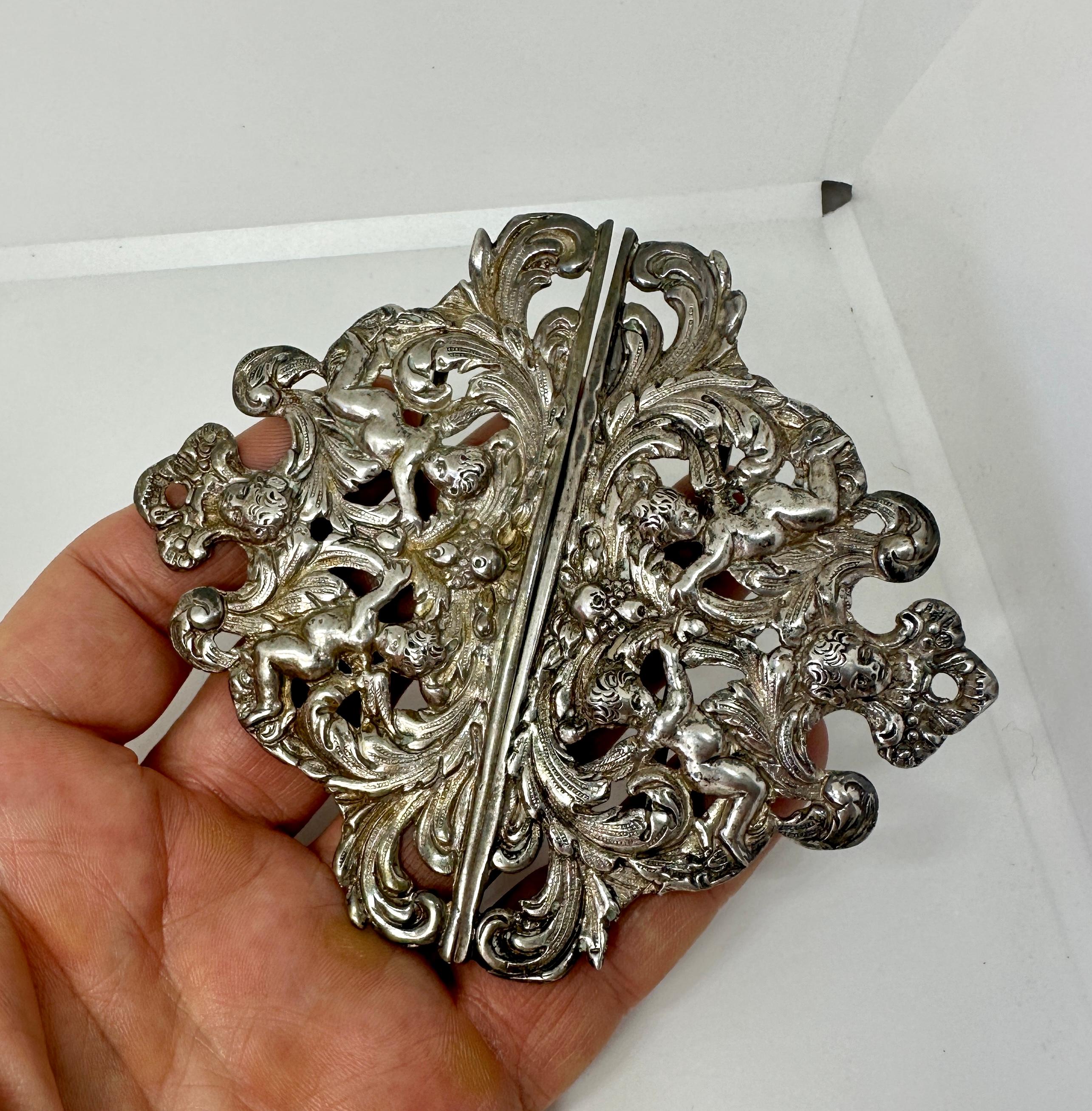 Victorian Cherub Angel Belt Buckle Belle Epoque Sterling Silver Acanthus Leaf In Excellent Condition For Sale In New York, NY