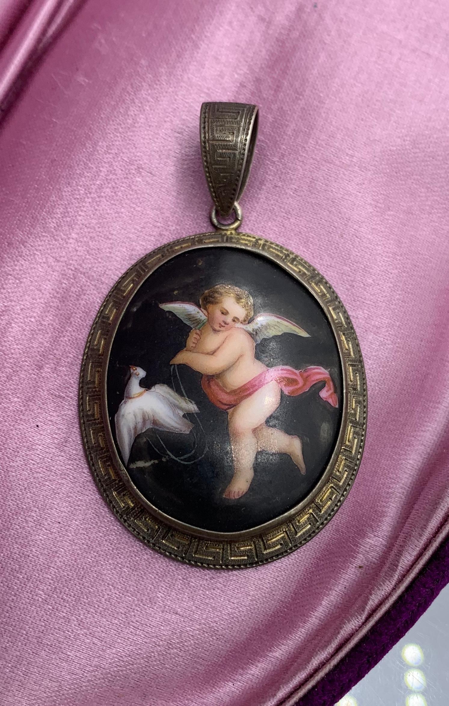 Victorian Cherub Angel Cupid Dove Bird Gold Pendant Necklace Hand Painted In Good Condition For Sale In New York, NY