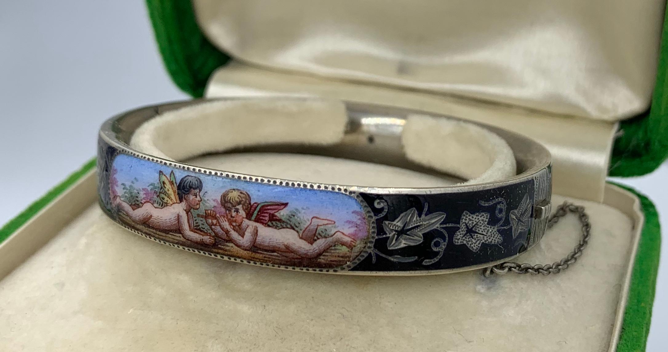 Victorian Cherub Angel Enamel Bangle Bracelet Putti Sterling Silver Rare For Sale 5