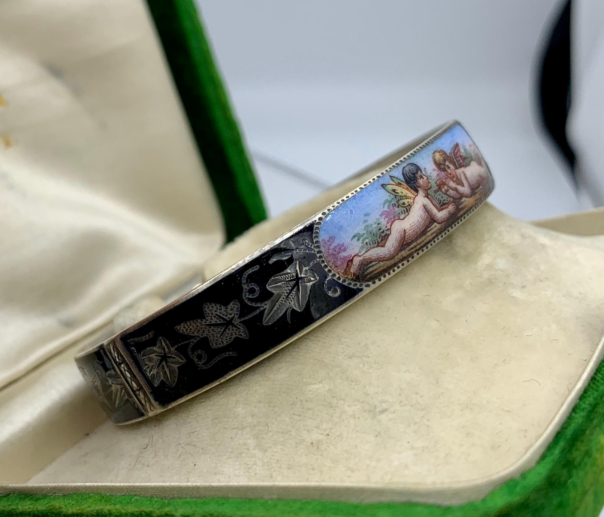 Victorian Cherub Angel Enamel Bangle Bracelet Putti Sterling Silver Rare For Sale 6