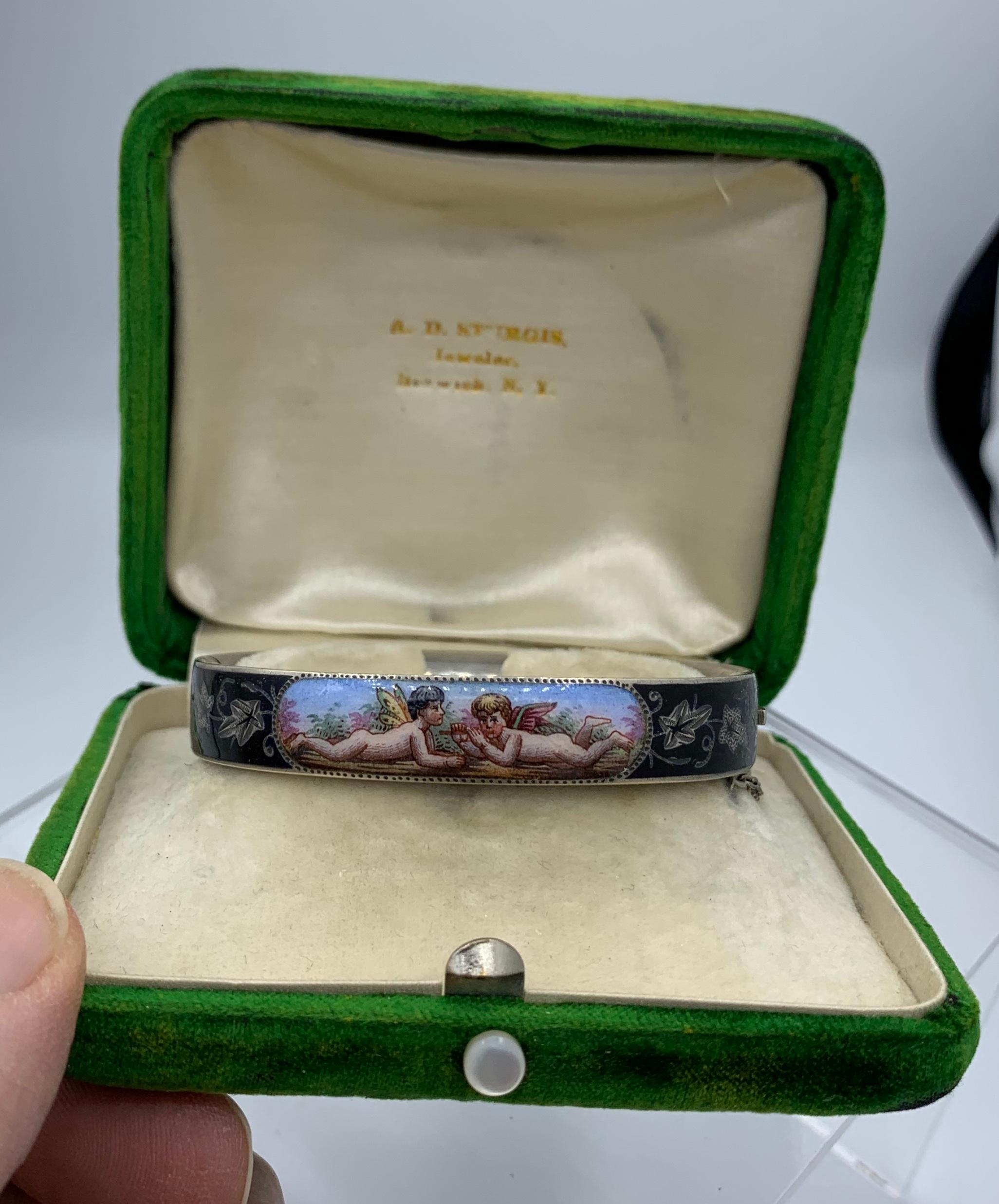 Women's Victorian Cherub Angel Enamel Bangle Bracelet Putti Sterling Silver Rare For Sale
