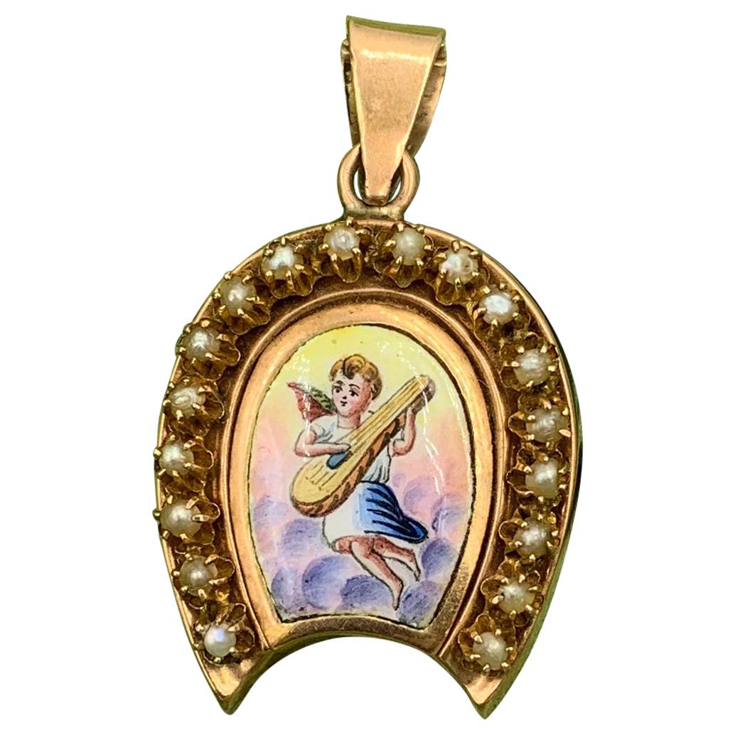Victorian Cherub Angel Locket Enamel Pearl 12 Karat Gold Pendant Necklace