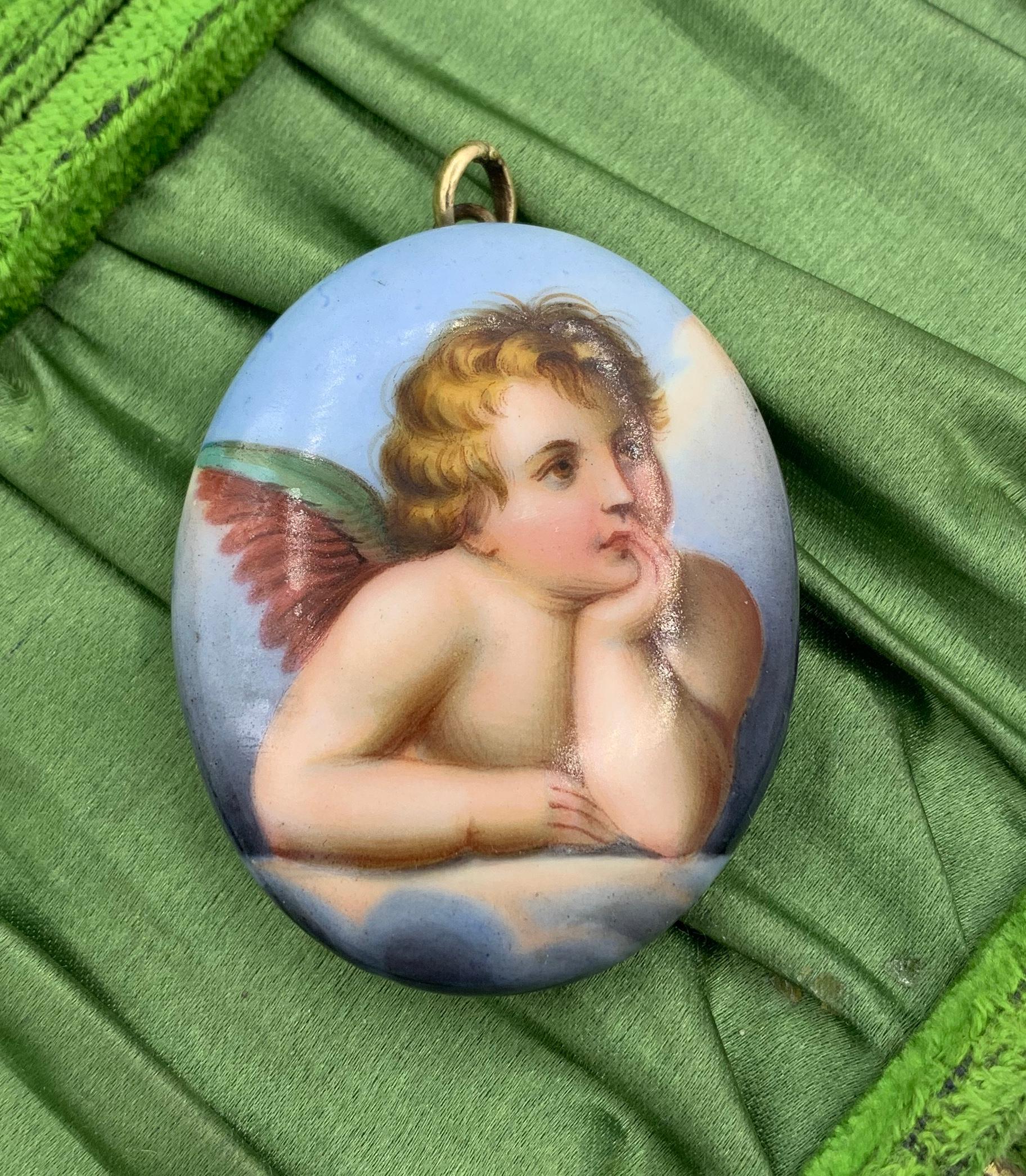 Viktorianische Cherub Engel Medaillon Anhänger Halskette Hand gemalt Gold Damen