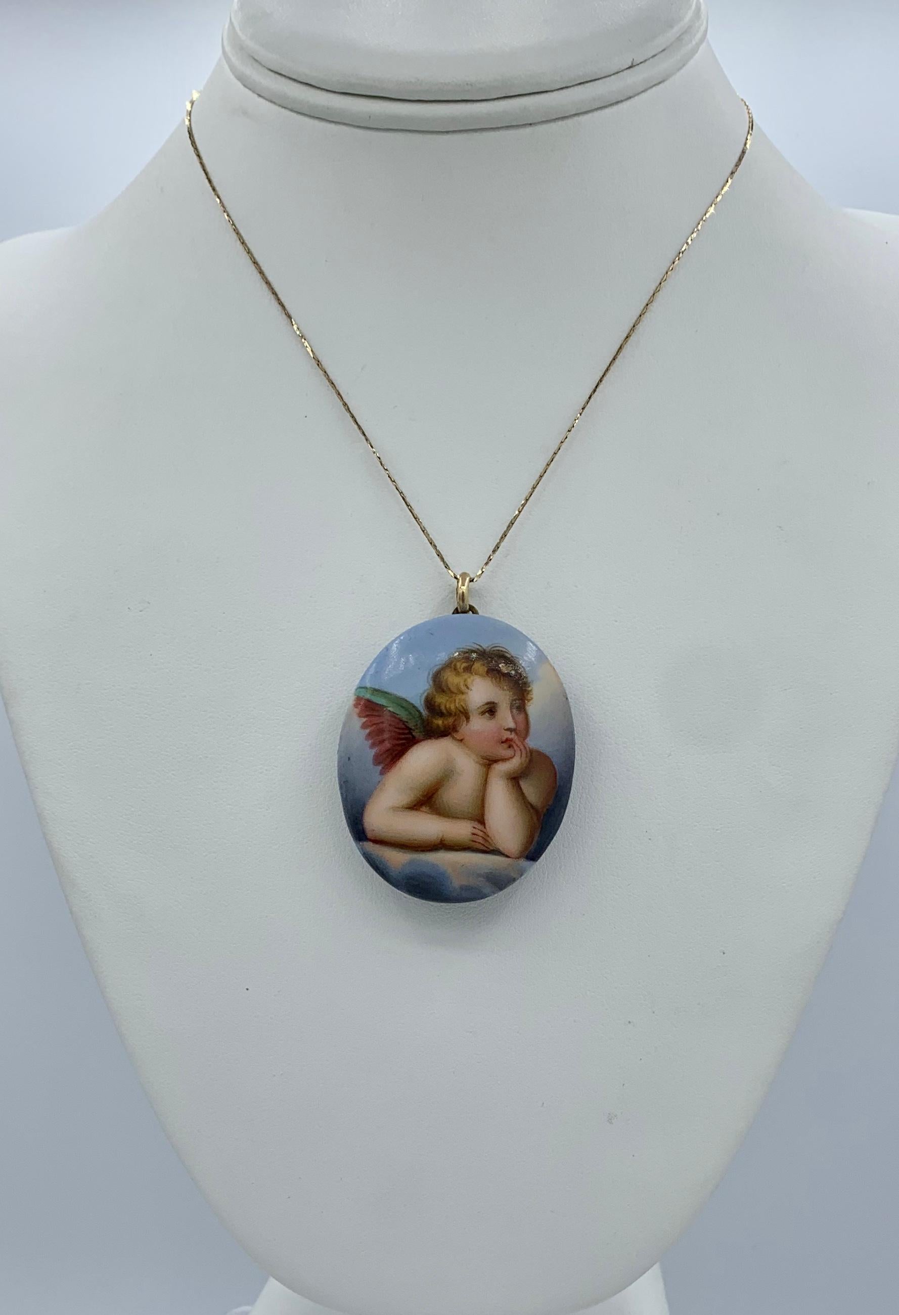 Viktorianische Cherub Engel Medaillon Anhänger Halskette Hand gemalt Gold 1