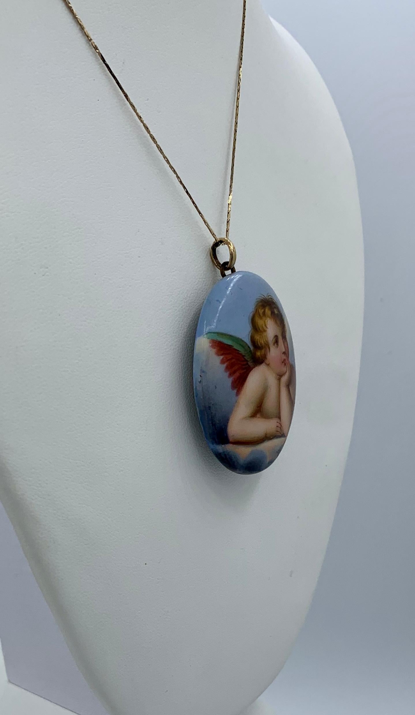 Viktorianische Cherub Engel Medaillon Anhänger Halskette Hand gemalt Gold 2