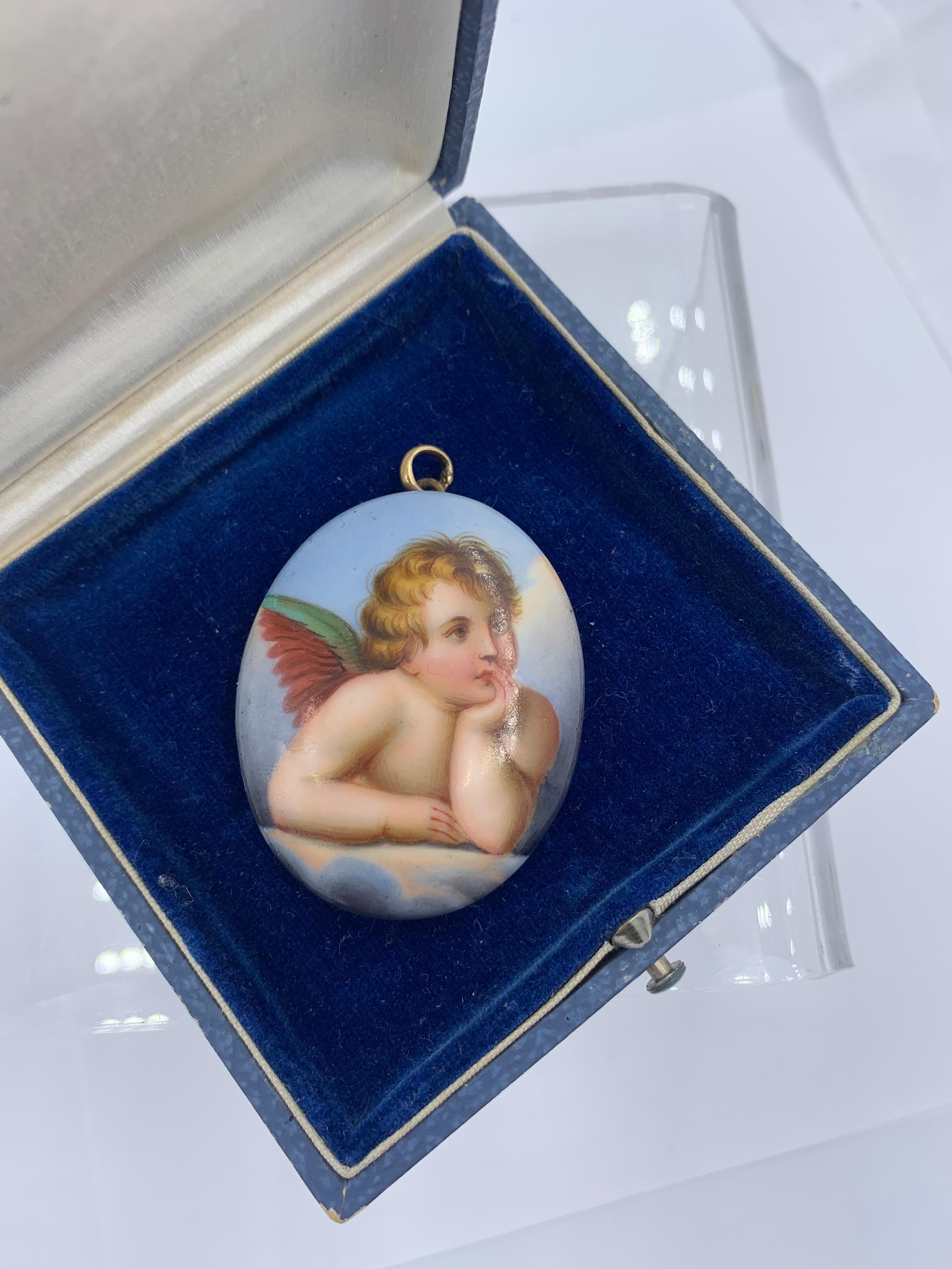 Viktorianische Cherub Engel Medaillon Anhänger Halskette Hand gemalt Gold 3