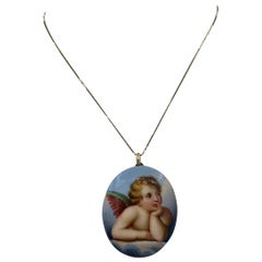 Victorian Cherub Angel Locket Pendant Necklace Hand Painted Gold