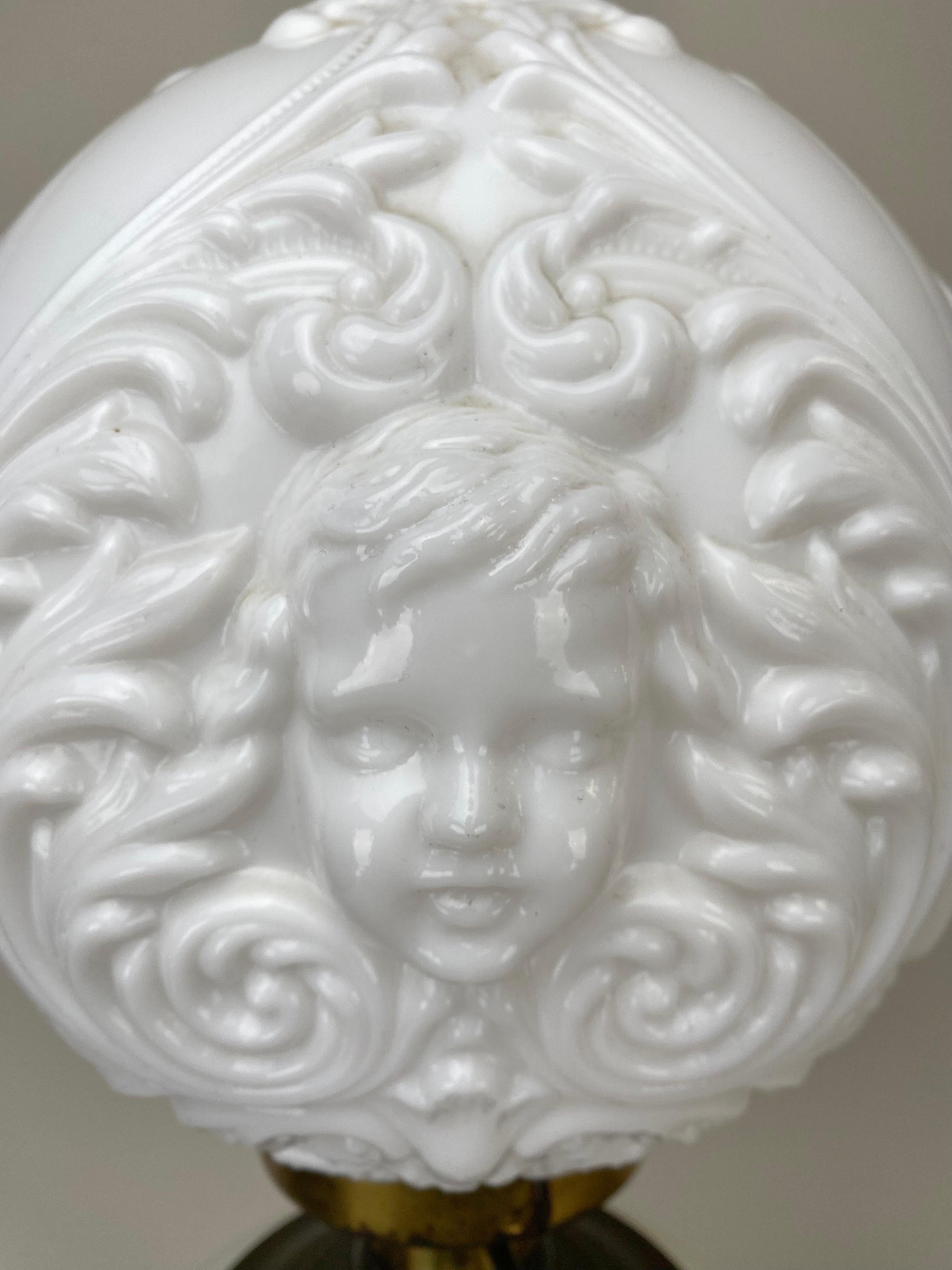 Victorian Cherub Face Milk Glass Double Globe & Bronze Converted Parlor Oil Lamp 7