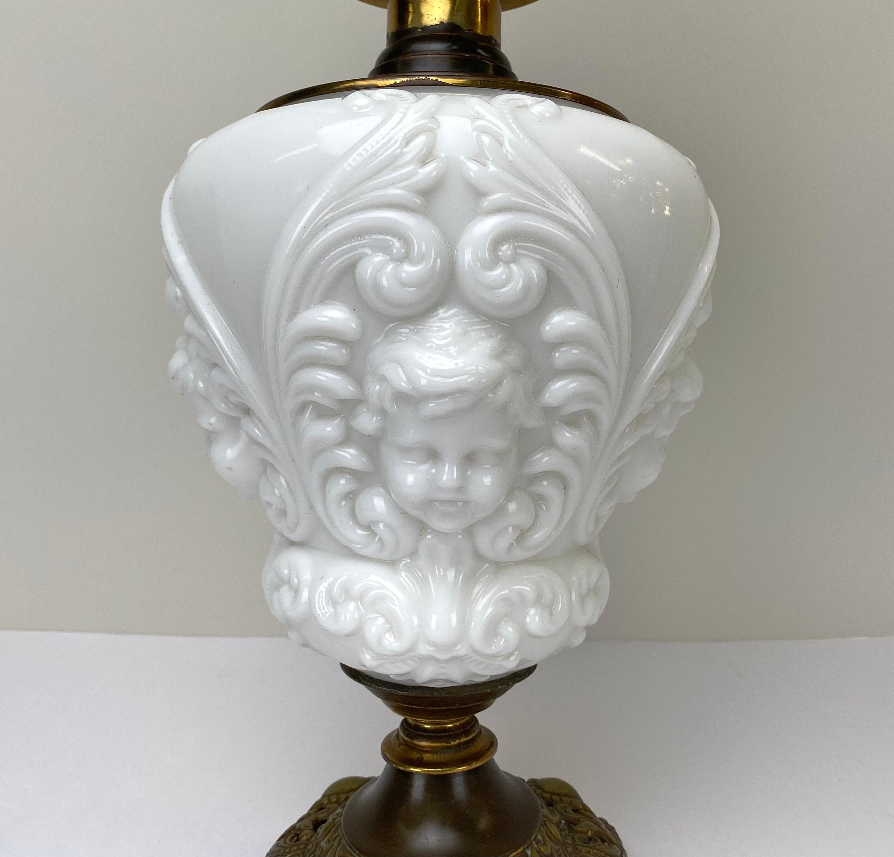 Victorian Cherub Face Milk Glass Double Globe & Bronze Converted Parlor Oil Lamp 1