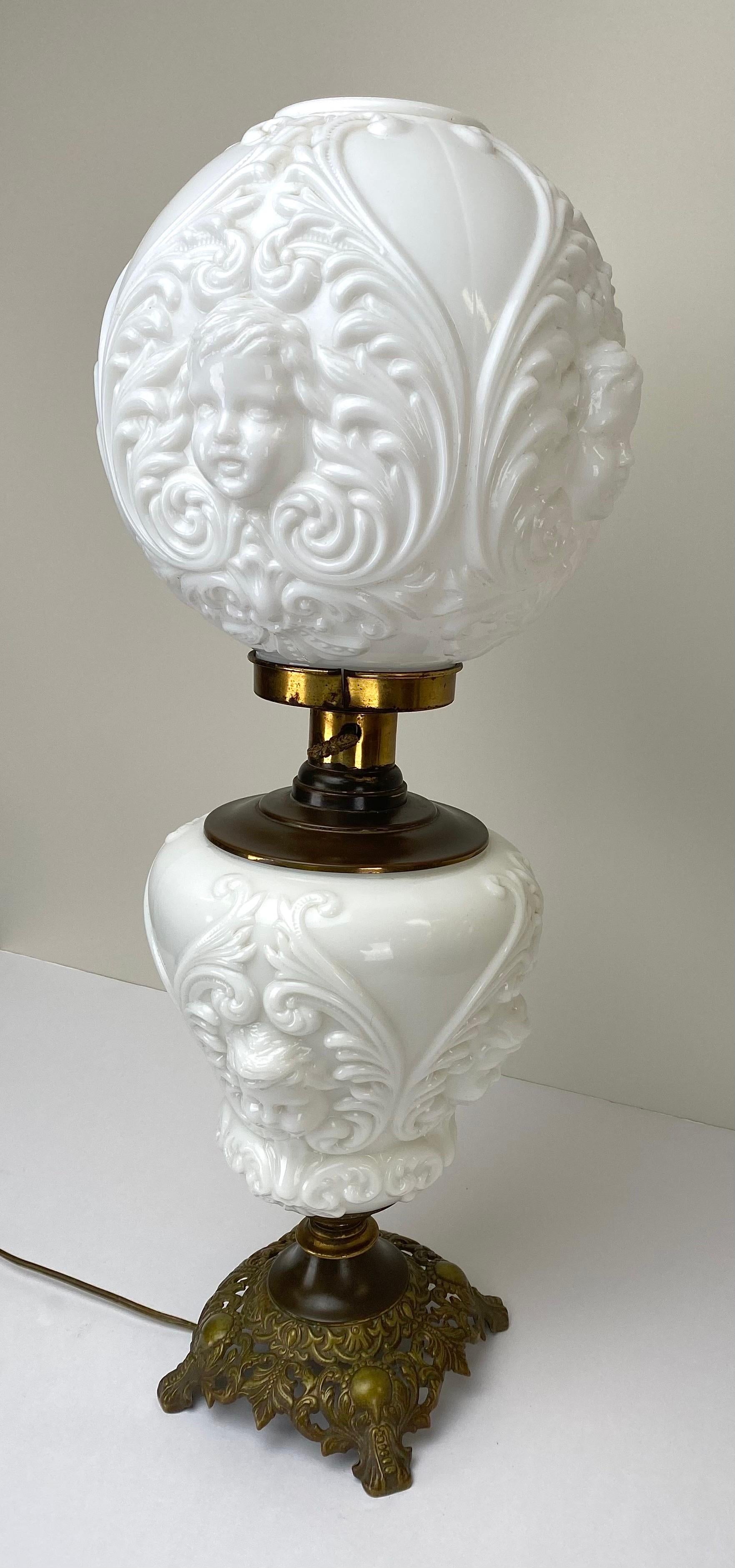 Victorian Cherub Face Milk Glass Double Globe & Bronze Converted Parlor Oil Lamp 2