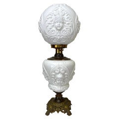 Victorian Cherub Face Milk Glass Double Globe & Bronze Converted Parlor Oil Lamp