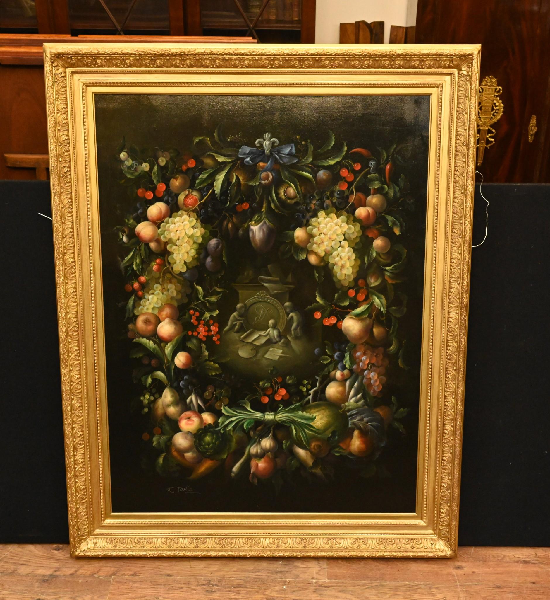 Very bright and vivid oil painting of a classic still life scene in the Victorian manner
Good size at amost five feet tall - 147 CM
The arrangement includes fruit, grapes, flowers and cherubim
Artist has really captured the scene with great