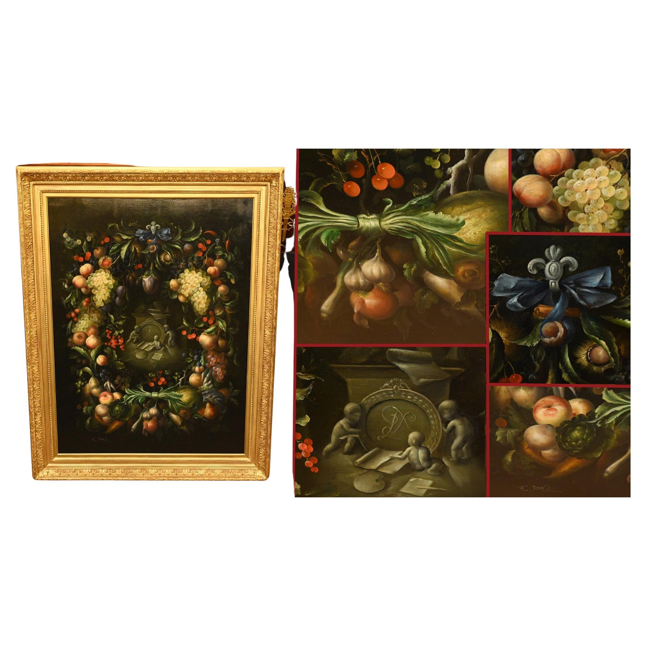 Victorian Cherub Floral Still Life Oil Painting For Sale