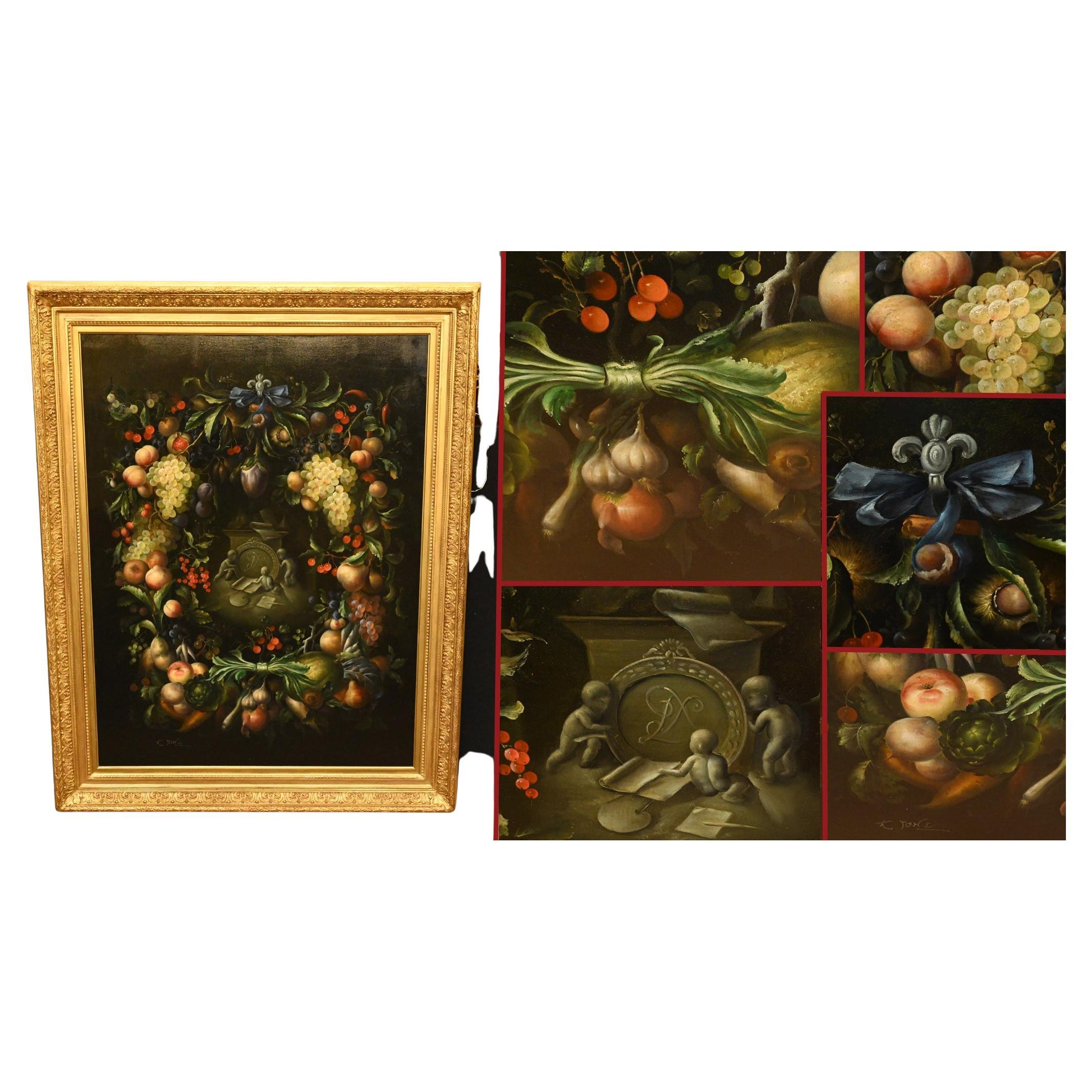 Pintura al Óleo Victoriana Naturaleza Muerta Floral Querubín