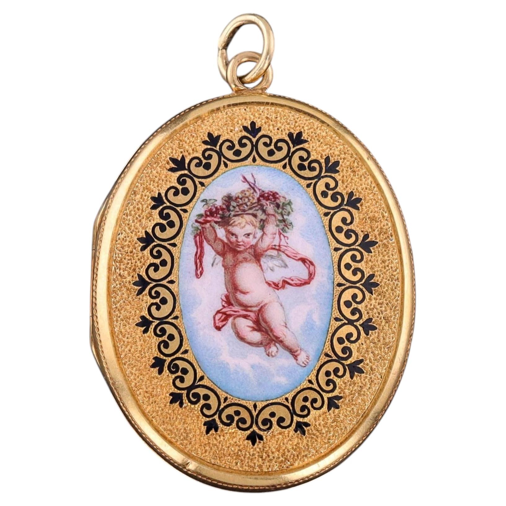 Victorian Enamel Cherub Locket of 18k Gold, Circa 1890
