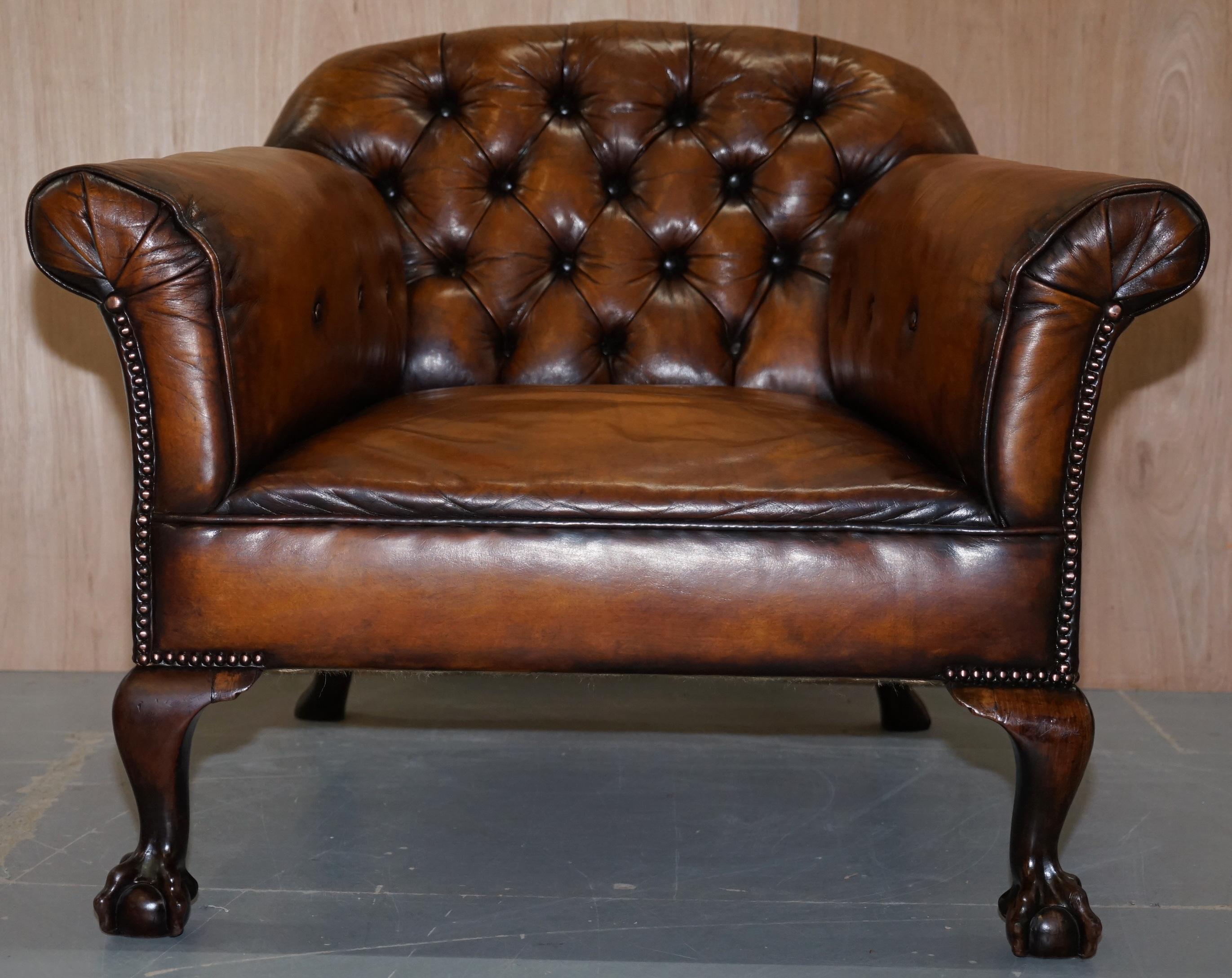Victorian Chesterfield Fully Sprung Claw & Ball Hand Dyed Brown Leather Armchair 5