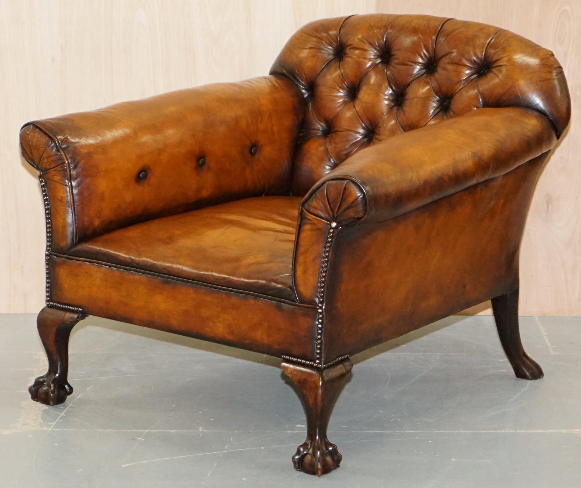 English Victorian Chesterfield Fully Sprung Claw & Ball Hand Dyed Brown Leather Armchair