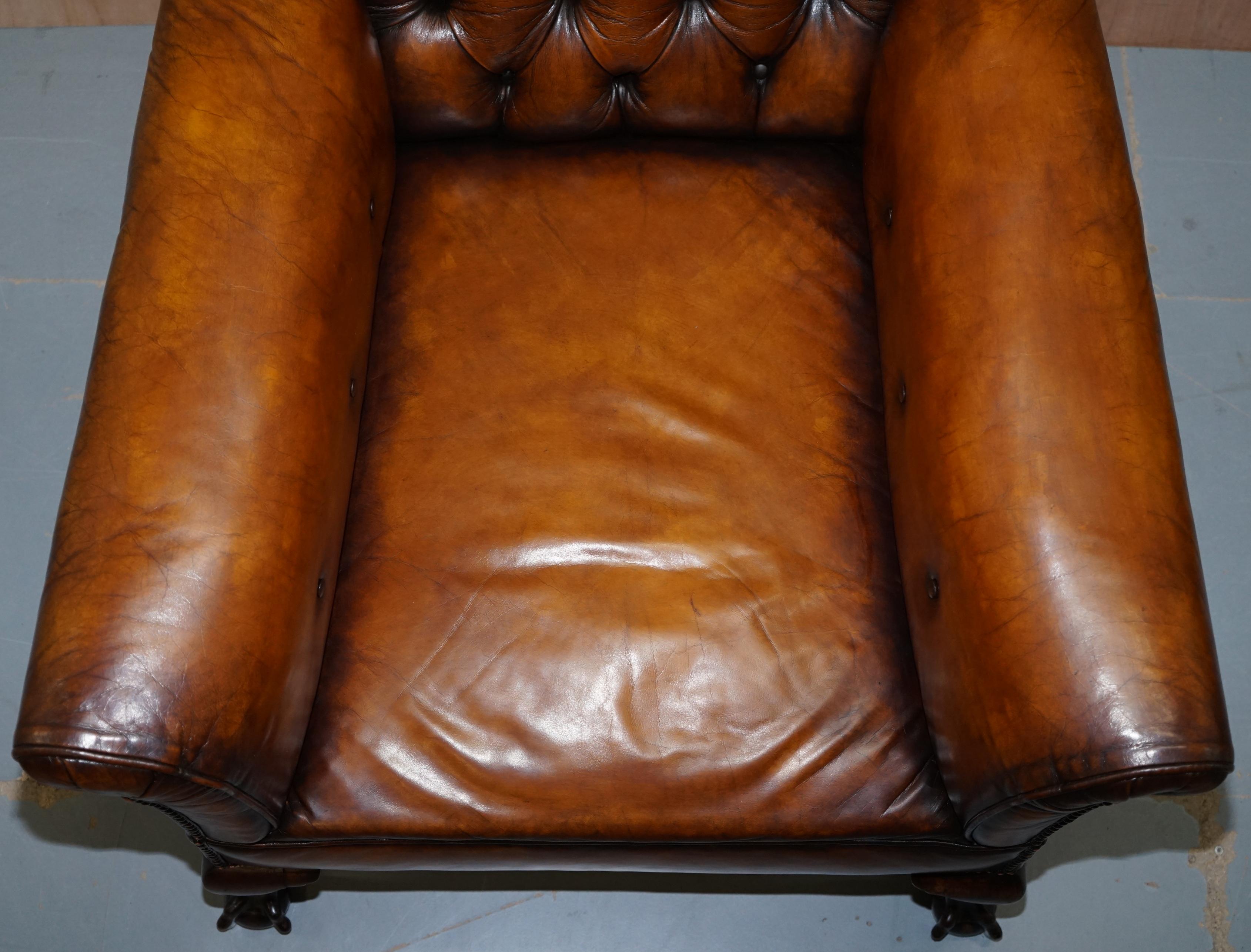 Victorian Chesterfield Fully Sprung Claw & Ball Hand Dyed Brown Leather Armchair 2