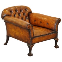 Antique Victorian Chesterfield Fully Sprung Claw & Ball Hand Dyed Brown Leather Armchair