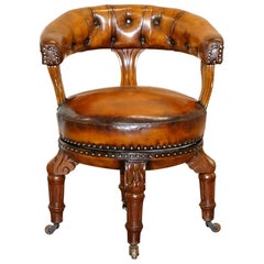 Antique Victorian Chesterfield Restored Brown Leather Ships Captains Swivel Office Chair