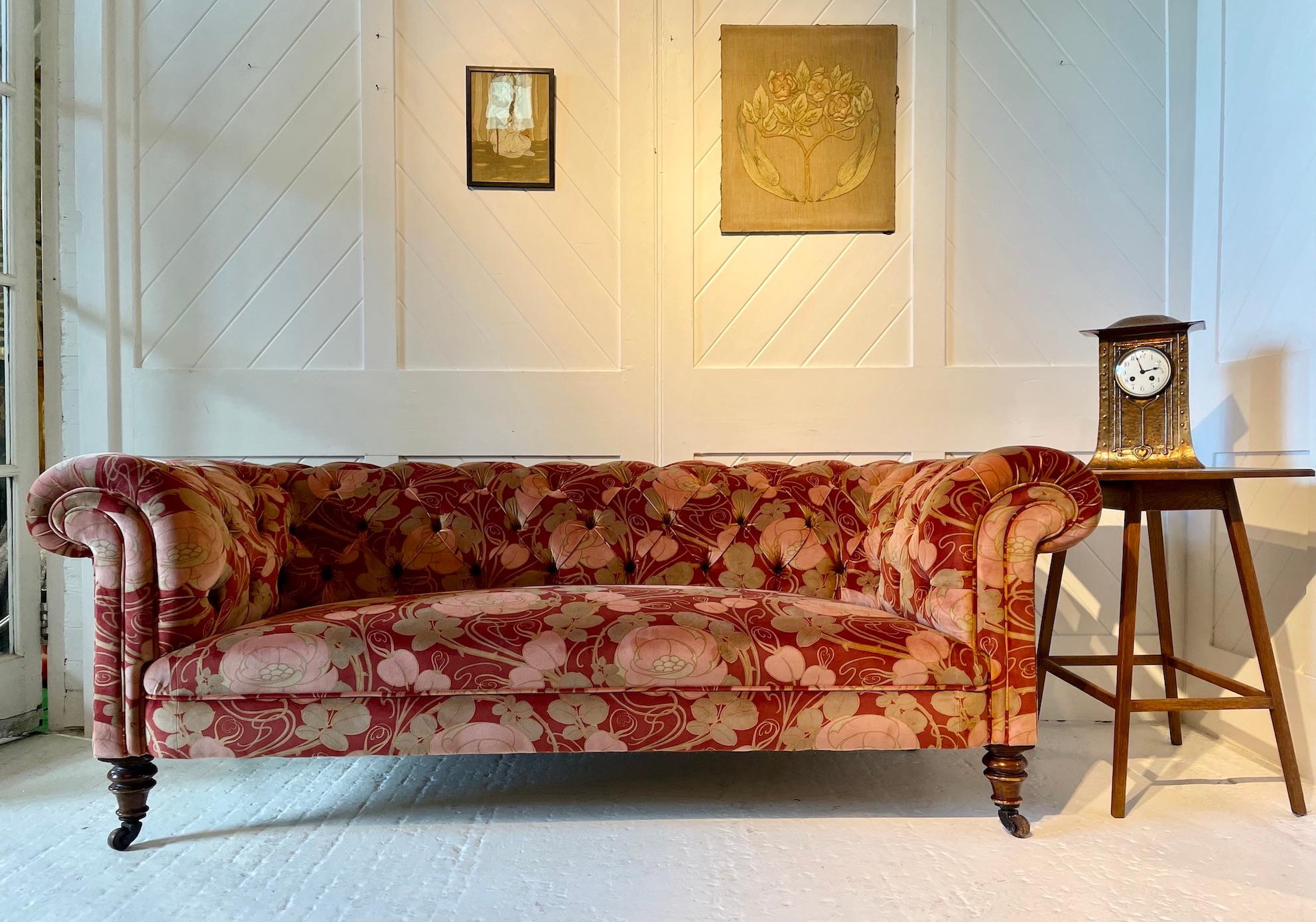English Victorian Chesterfield Settee Re-Upholstered in ‘Glasgow Rose’ Velvet Fabric