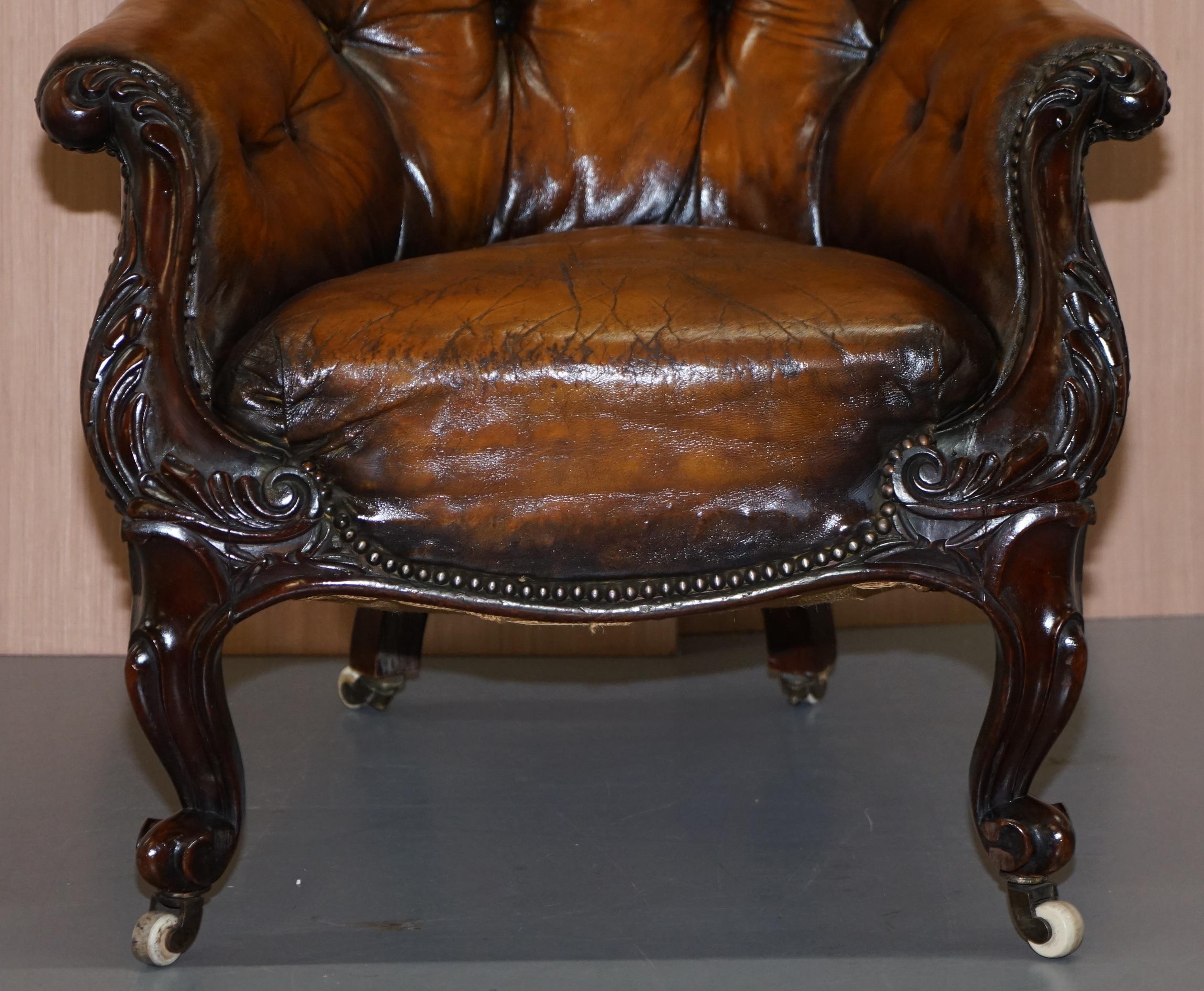 Victorian Chesterfield Show Frame Carved Walnut Brown Leather Restored Armchair 5
