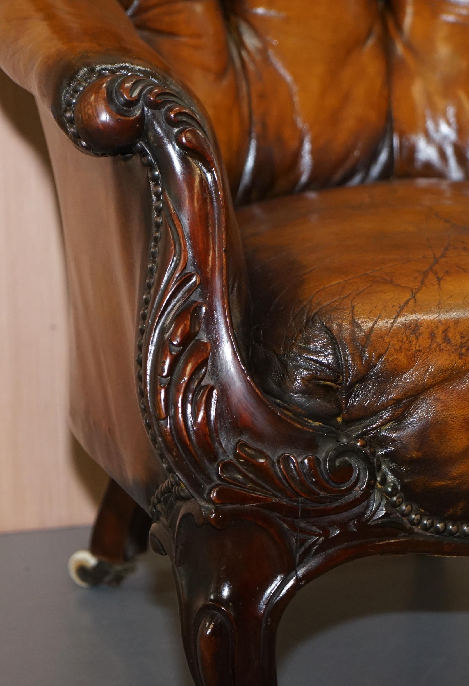 Victorian Chesterfield Show Frame Carved Walnut Brown Leather Restored Armchair 6