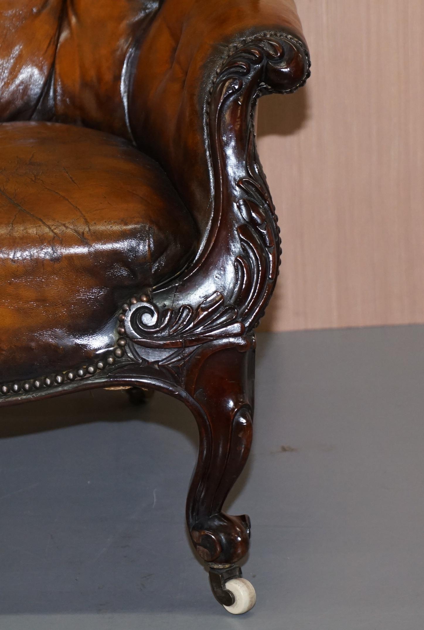 Victorian Chesterfield Show Frame Carved Walnut Brown Leather Restored Armchair 9