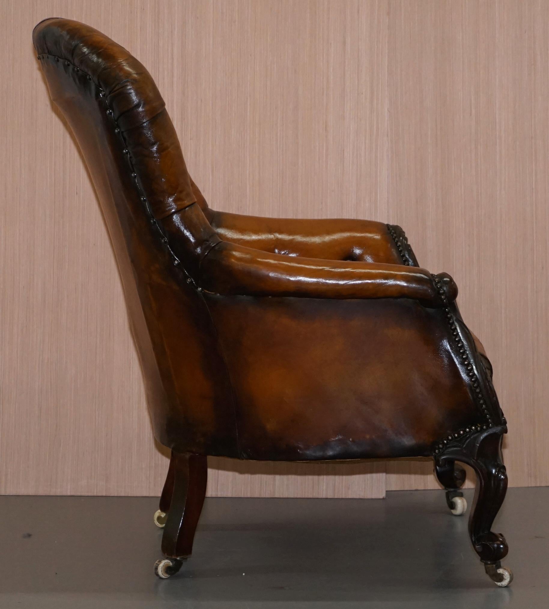 Victorian Chesterfield Show Frame Carved Walnut Brown Leather Restored Armchair 11