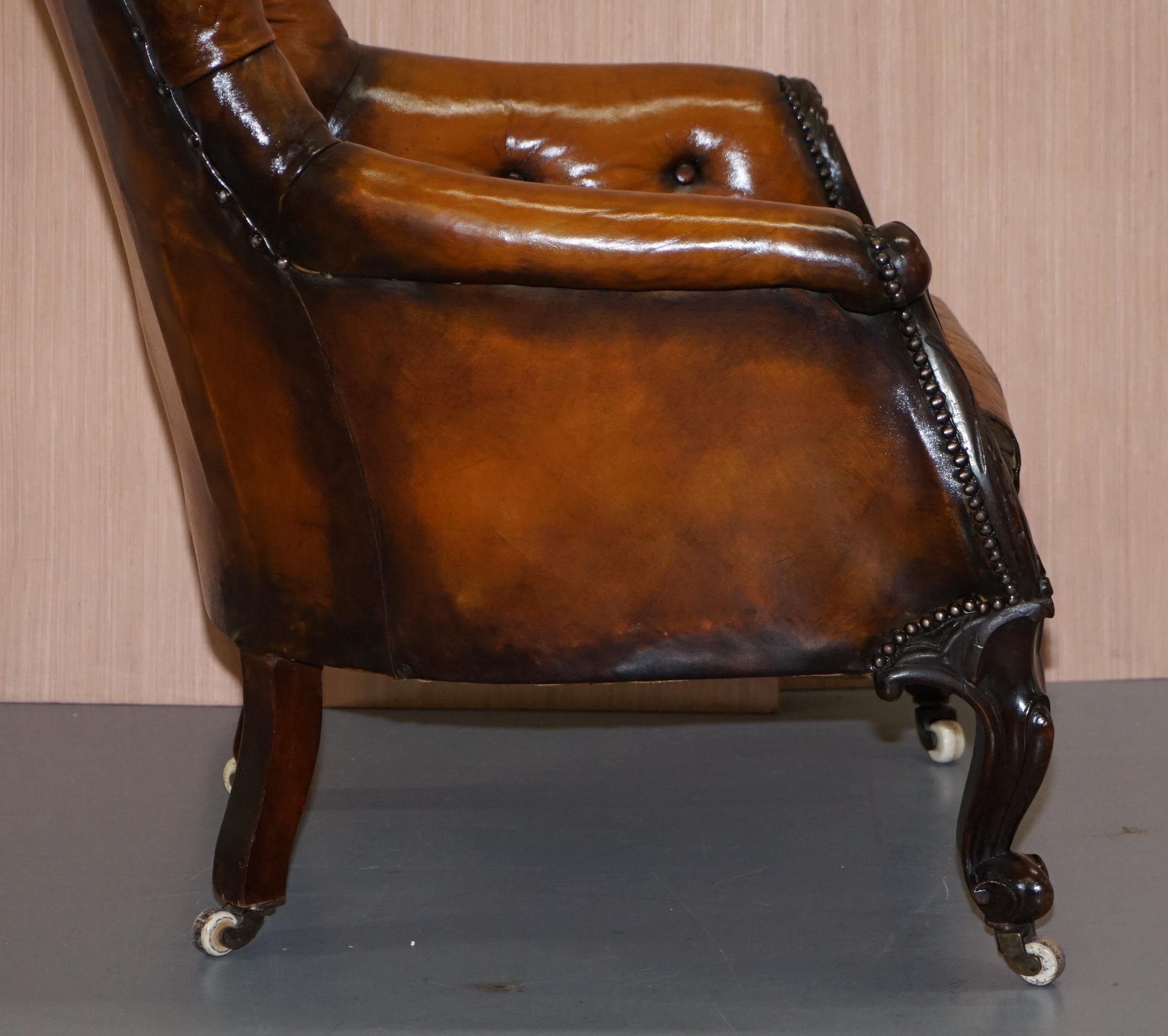 Victorian Chesterfield Show Frame Carved Walnut Brown Leather Restored Armchair 12