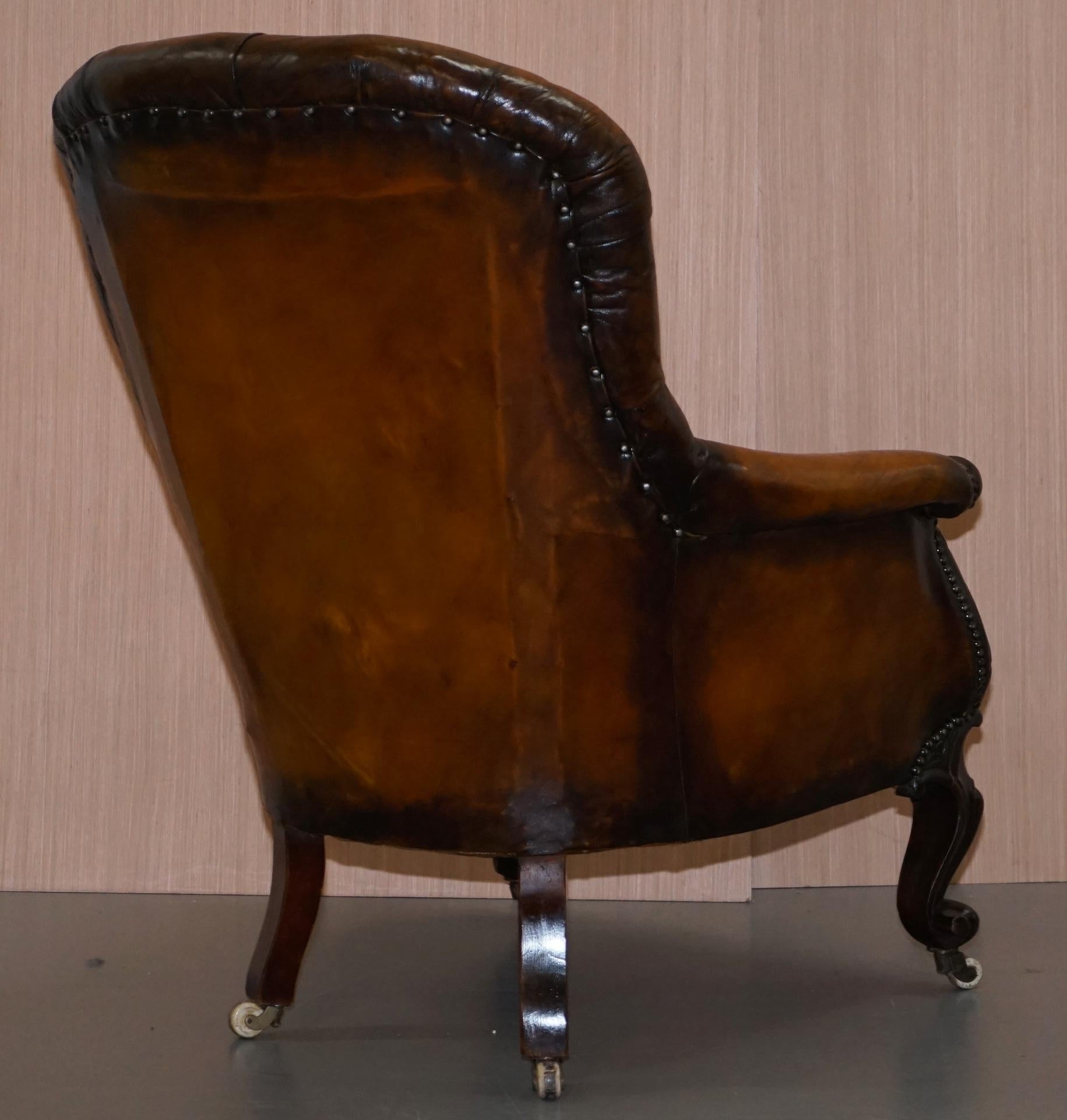 Victorian Chesterfield Show Frame Carved Walnut Brown Leather Restored Armchair 13