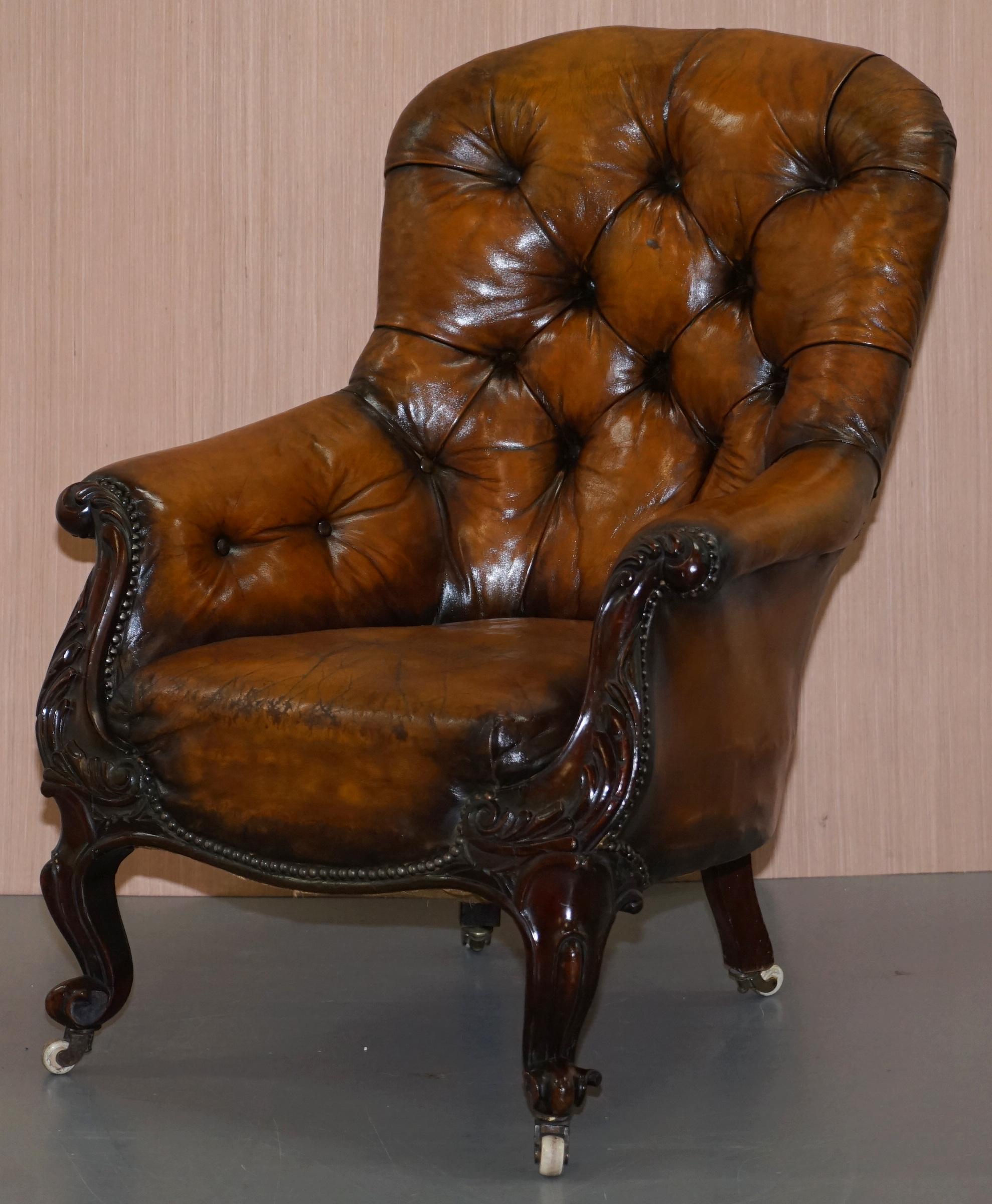 English Victorian Chesterfield Show Frame Carved Walnut Brown Leather Restored Armchair