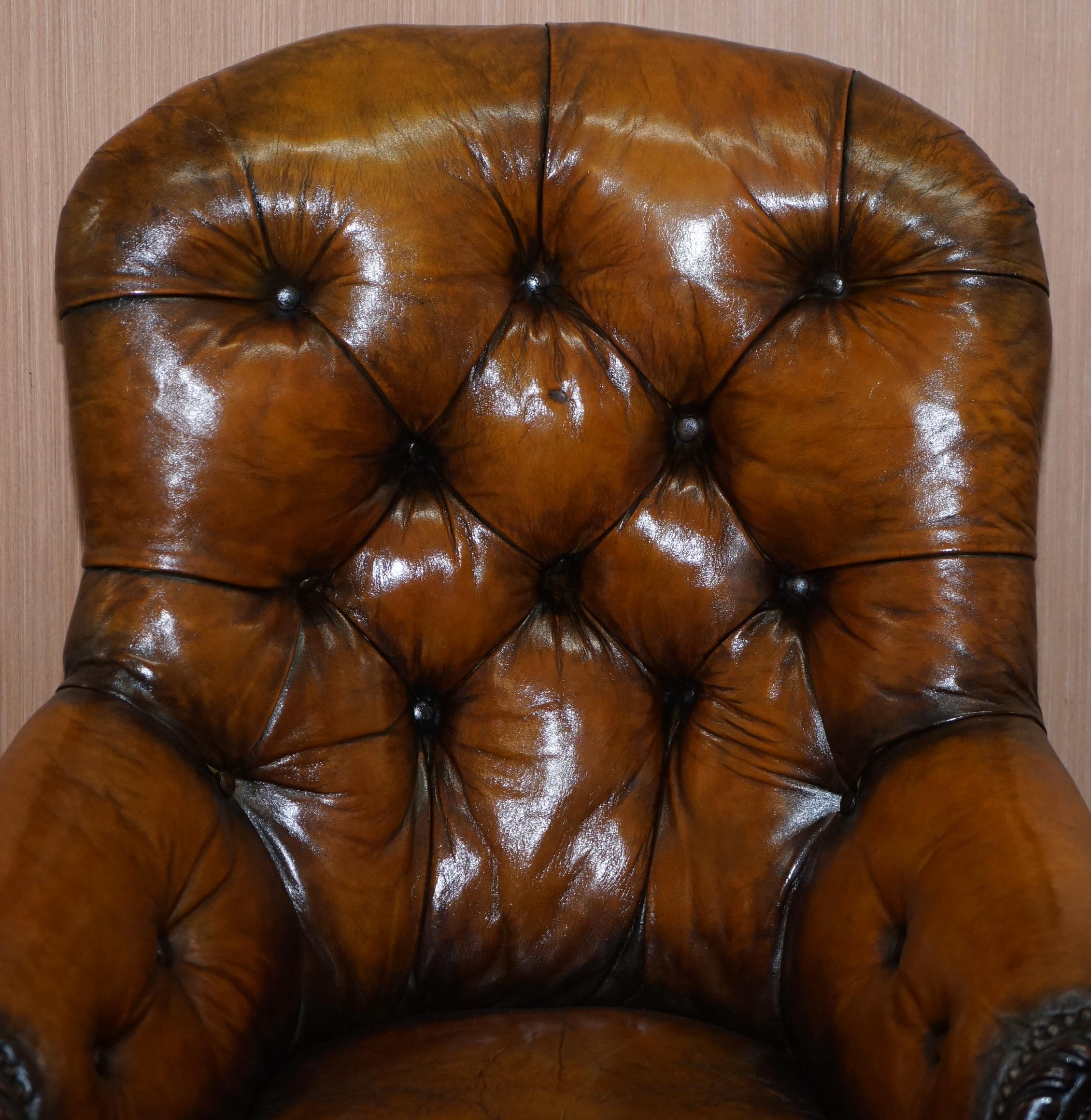 Hand-Crafted Victorian Chesterfield Show Frame Carved Walnut Brown Leather Restored Armchair