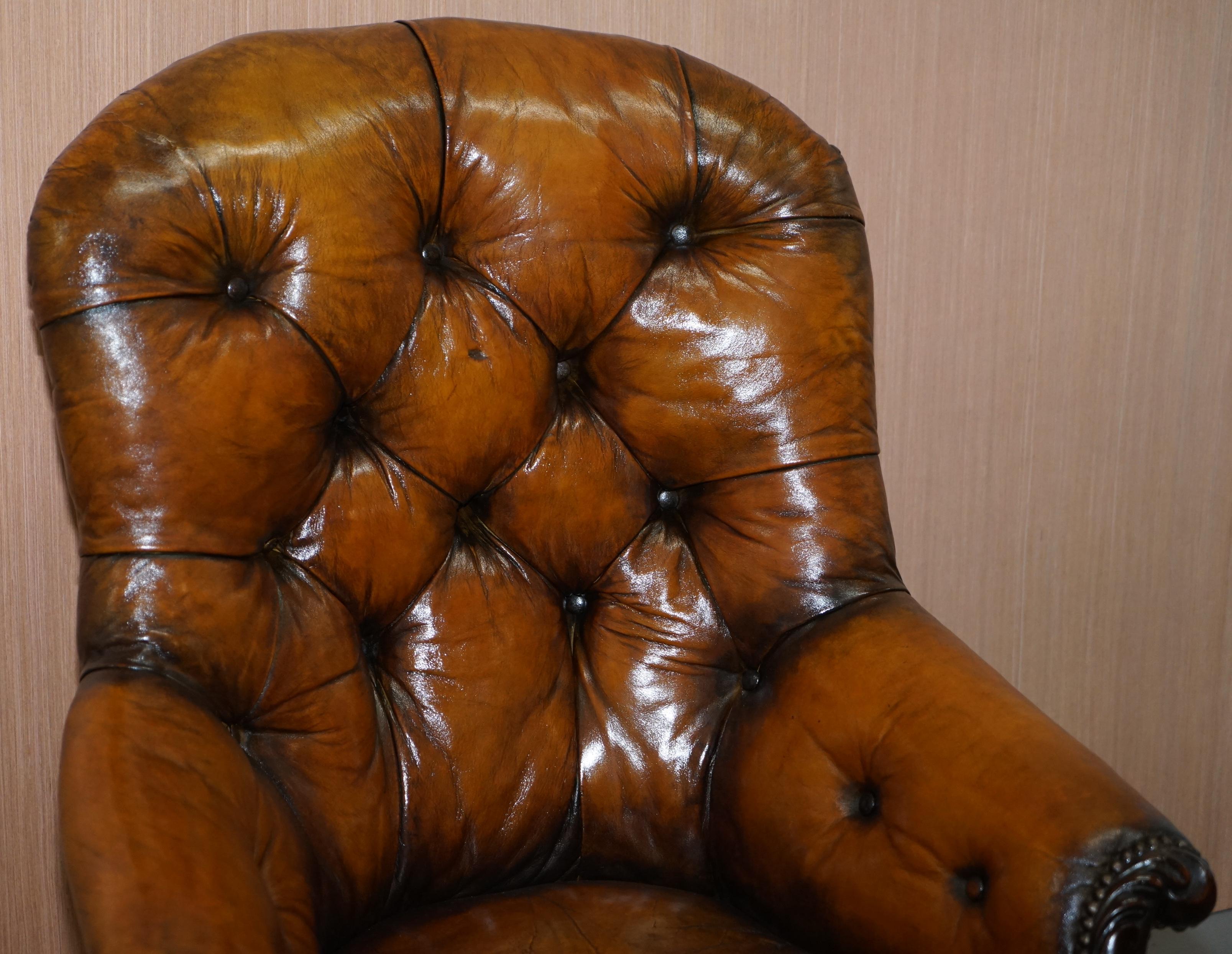 19th Century Victorian Chesterfield Show Frame Carved Walnut Brown Leather Restored Armchair
