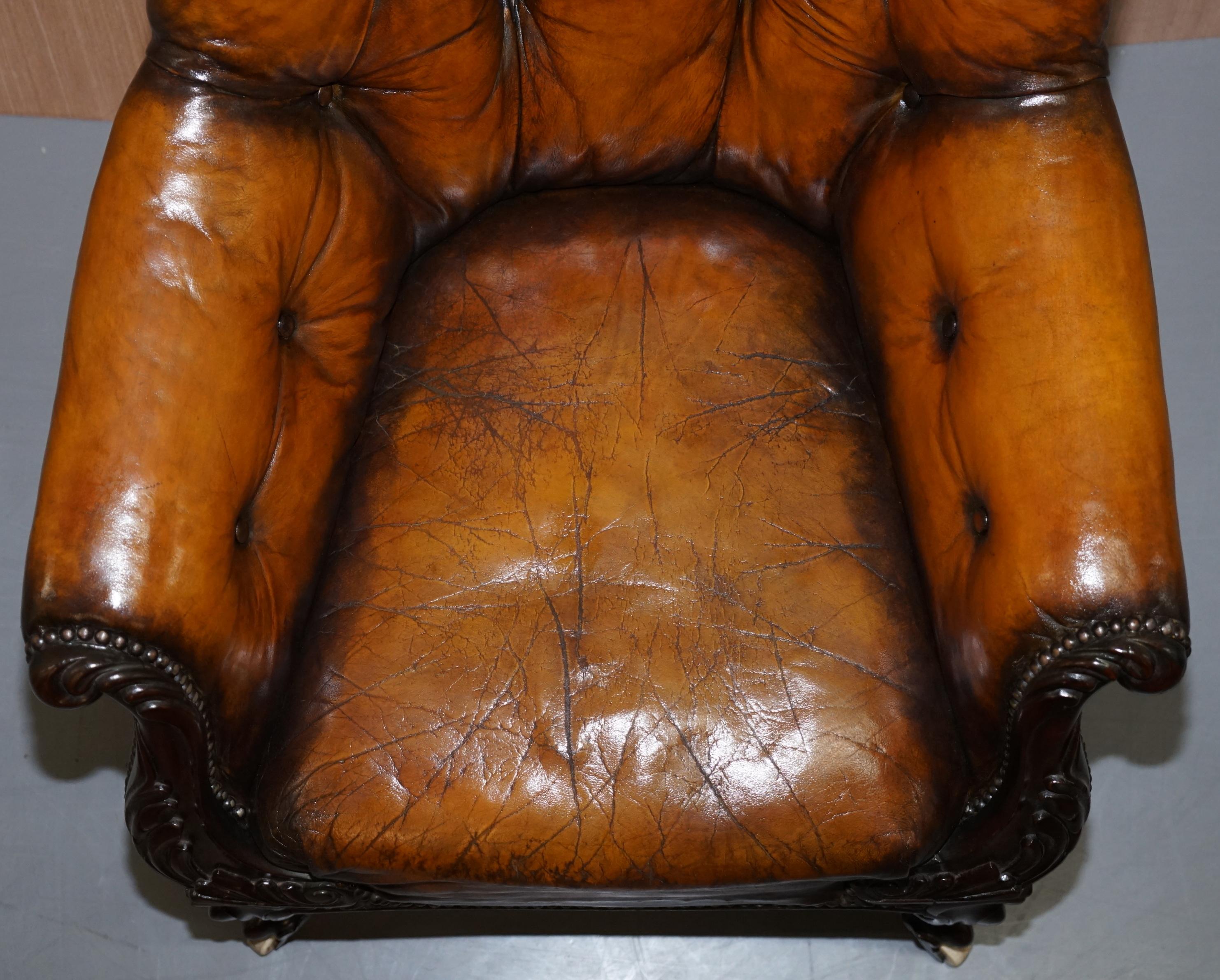 Victorian Chesterfield Show Frame Carved Walnut Brown Leather Restored Armchair 1