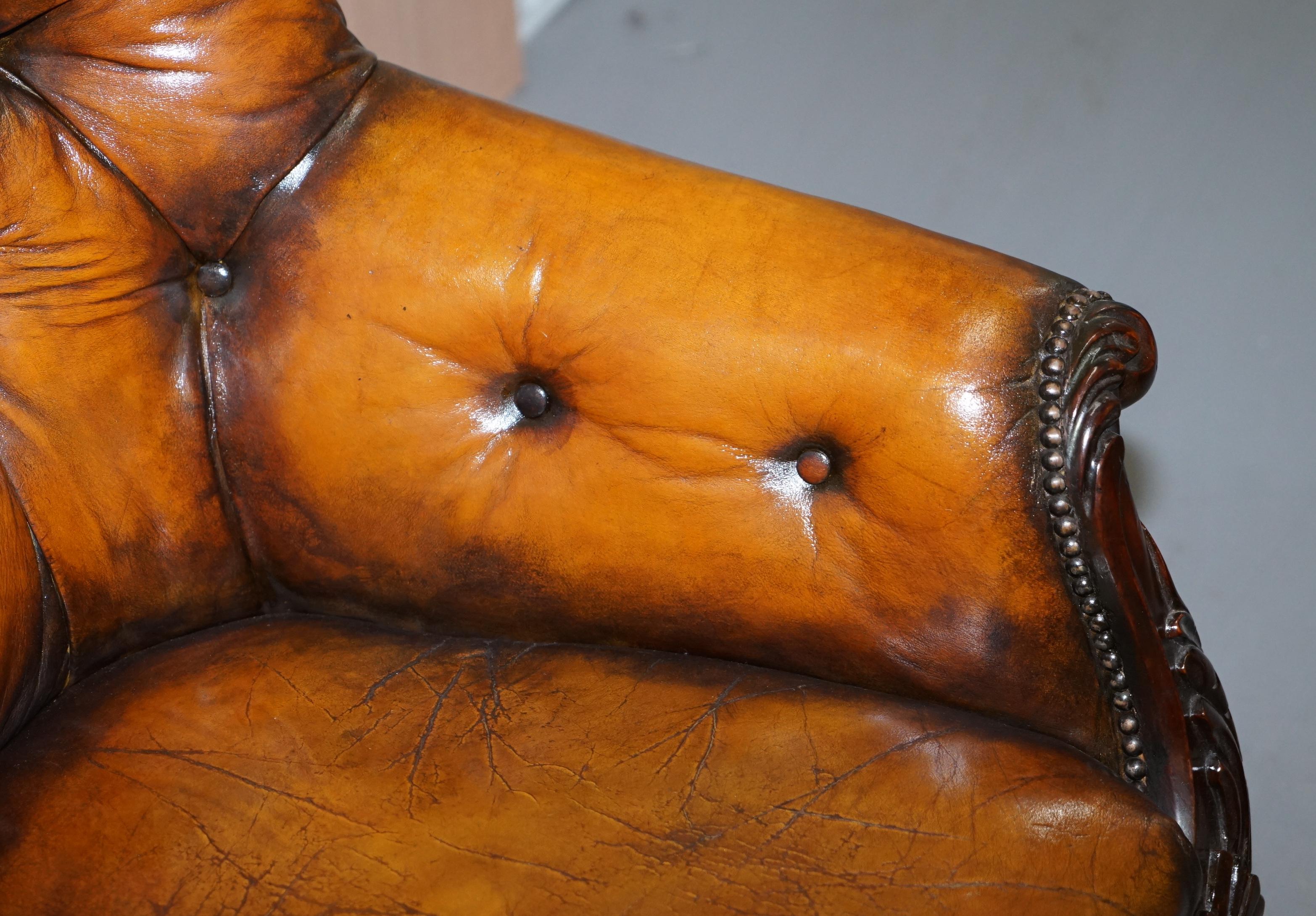 Victorian Chesterfield Show Frame Carved Walnut Brown Leather Restored Armchair 2