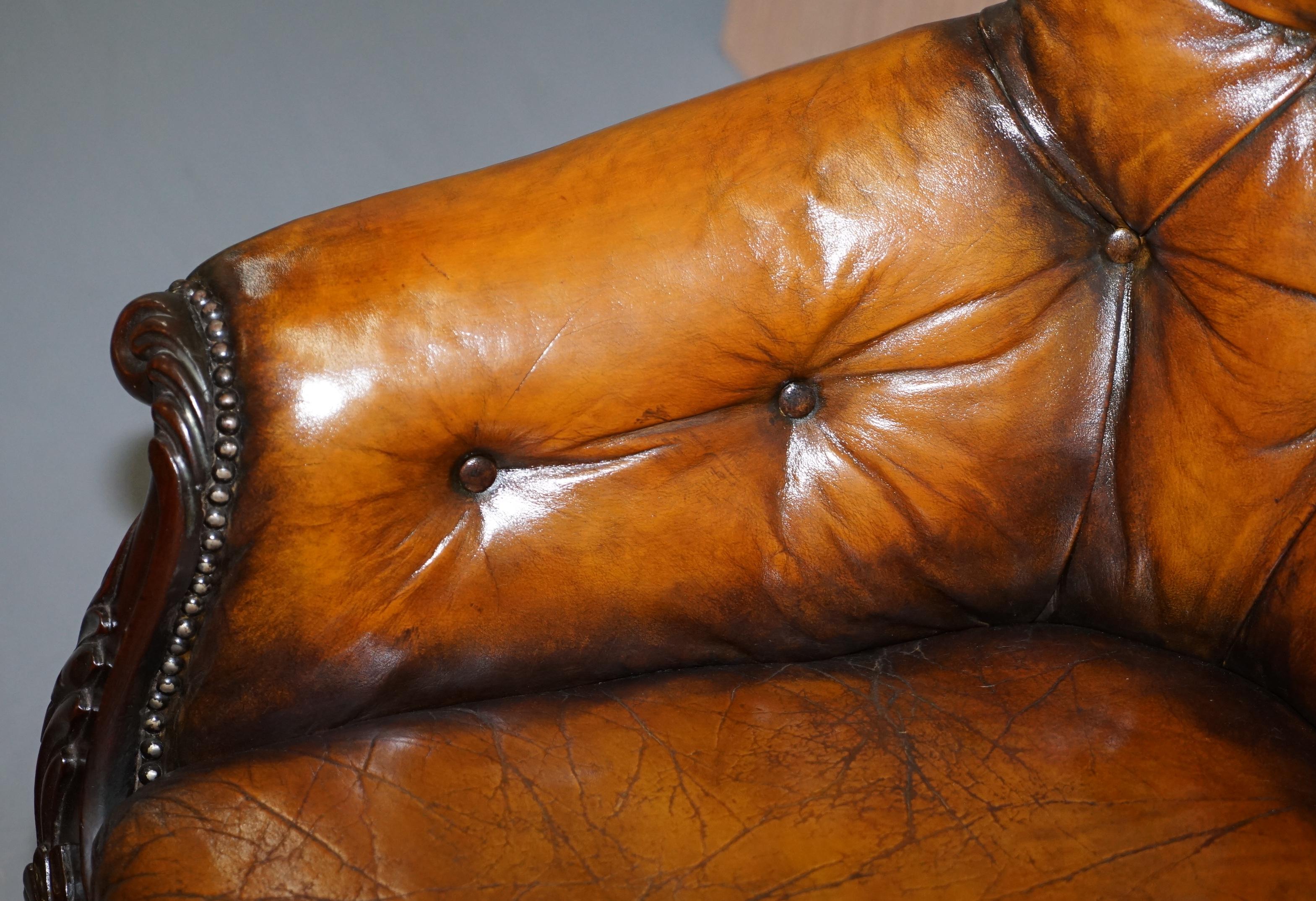 Victorian Chesterfield Show Frame Carved Walnut Brown Leather Restored Armchair 3