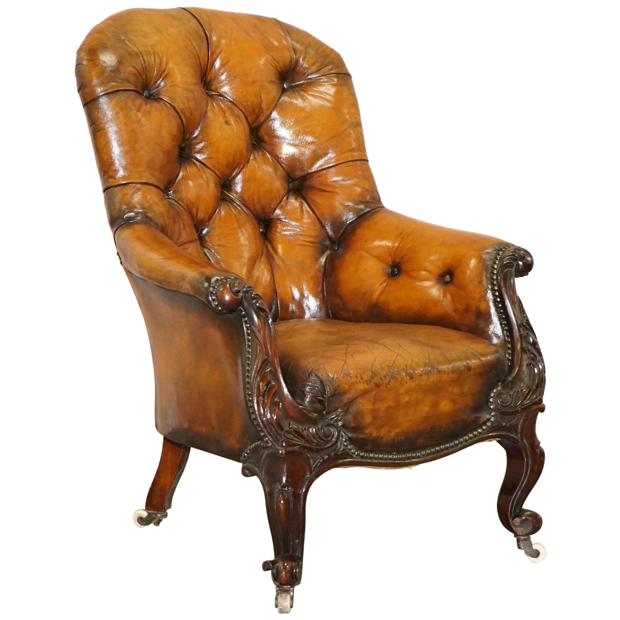 Victorian Chesterfield Show Frame Carved Walnut Brown Leather Restored Armchair
